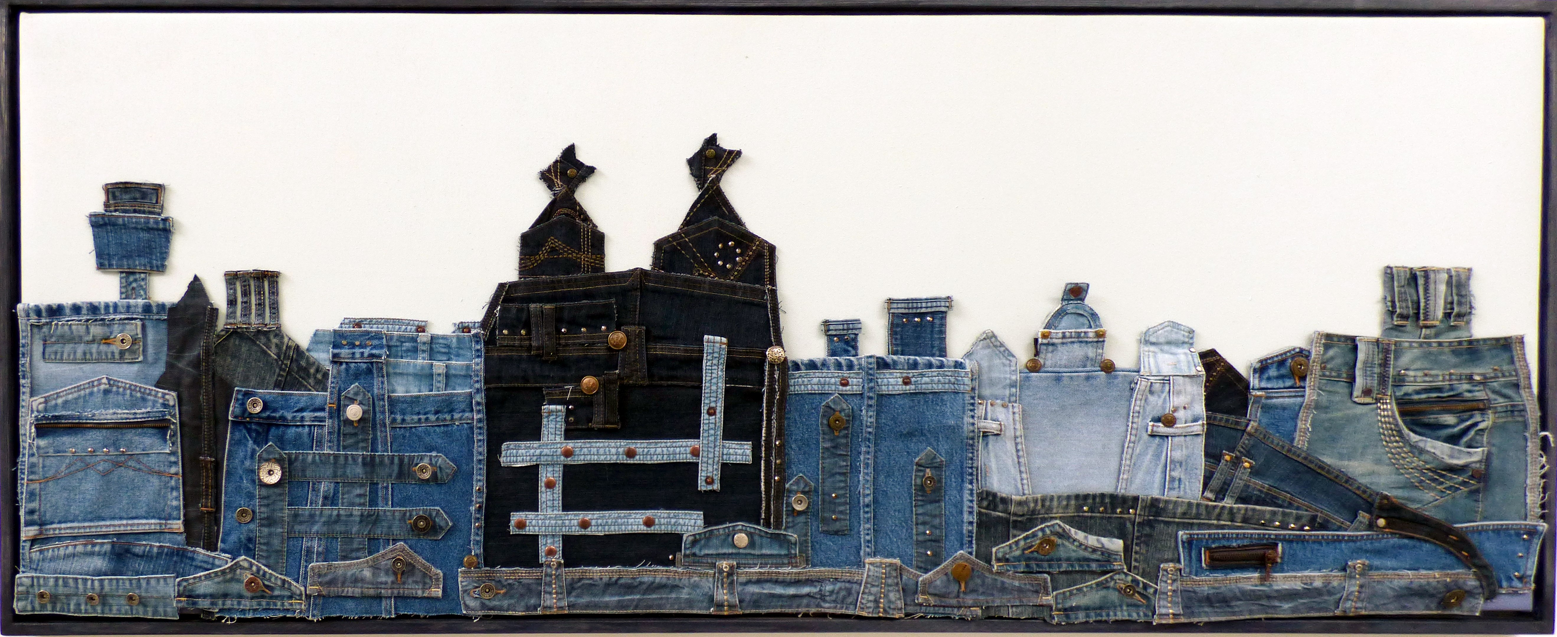 DENIM SKYLINE by Tina Leahey, recycled textiles, CRAFTED exhibition, Huyton Gallery, 2016