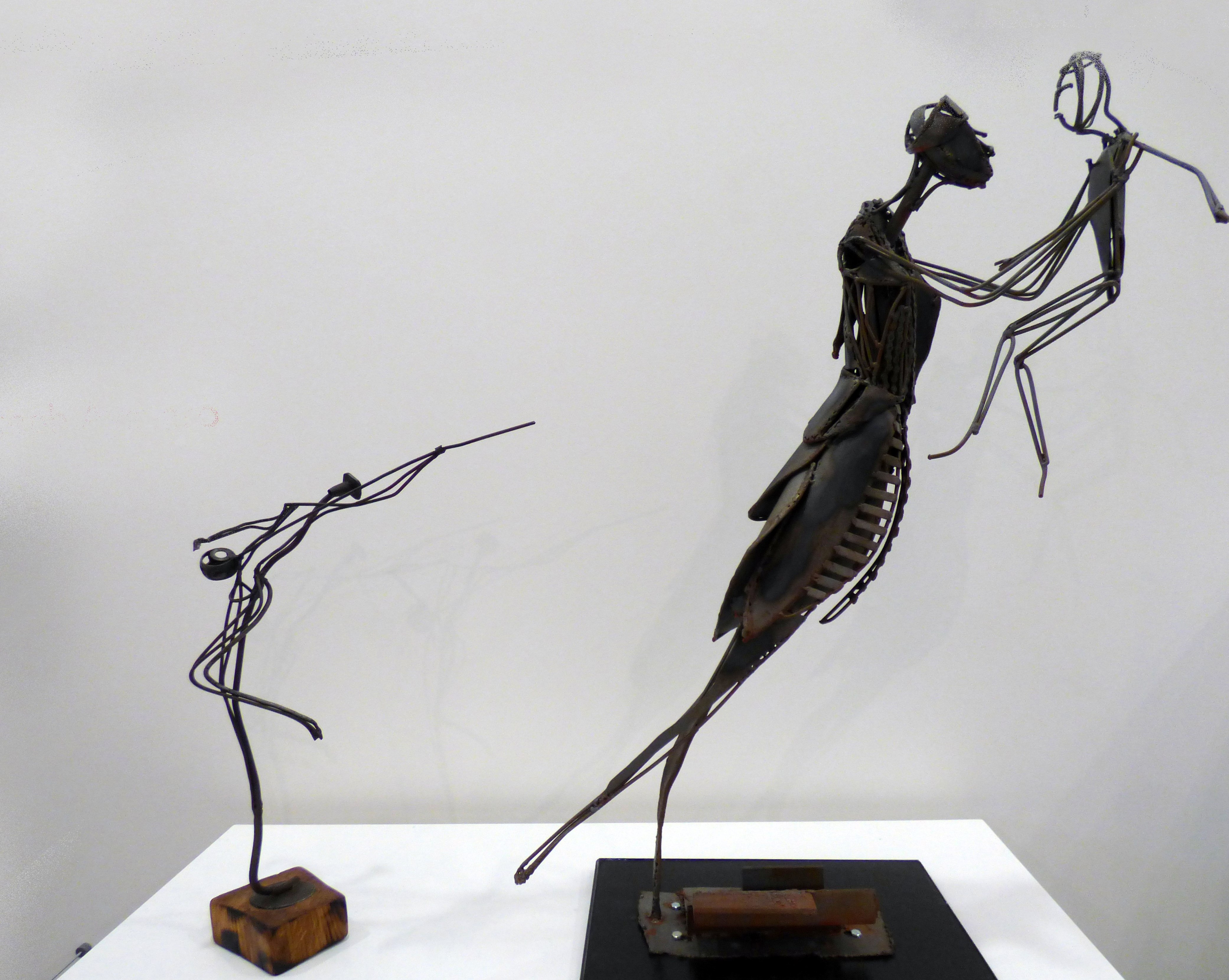 GUITARIST and MOTHER AND CHILD by Joseph Ayavoro, metal sculpture, CRAFTED exhibition, Kirkby Gallery, 2016