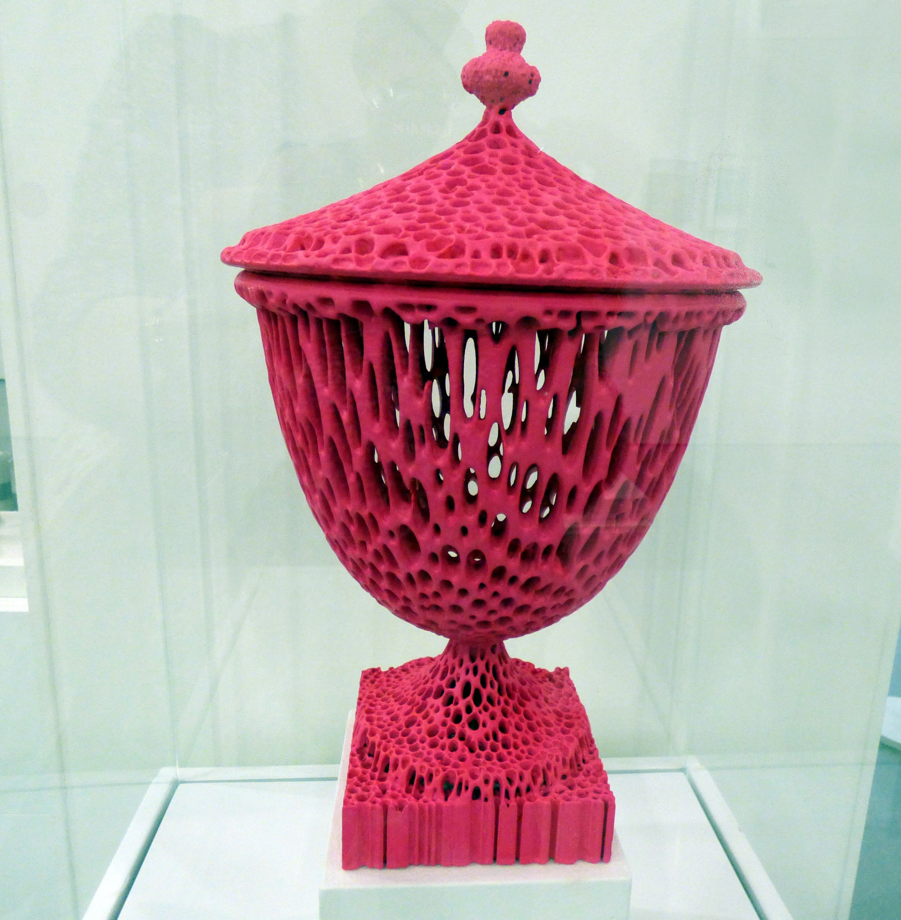 A TALL PINK ROUND WEDGWOODN'T TUREEN by Michael Eden, 3D printing, CRAFTED exhibition, Kirkby Gallery, 2016