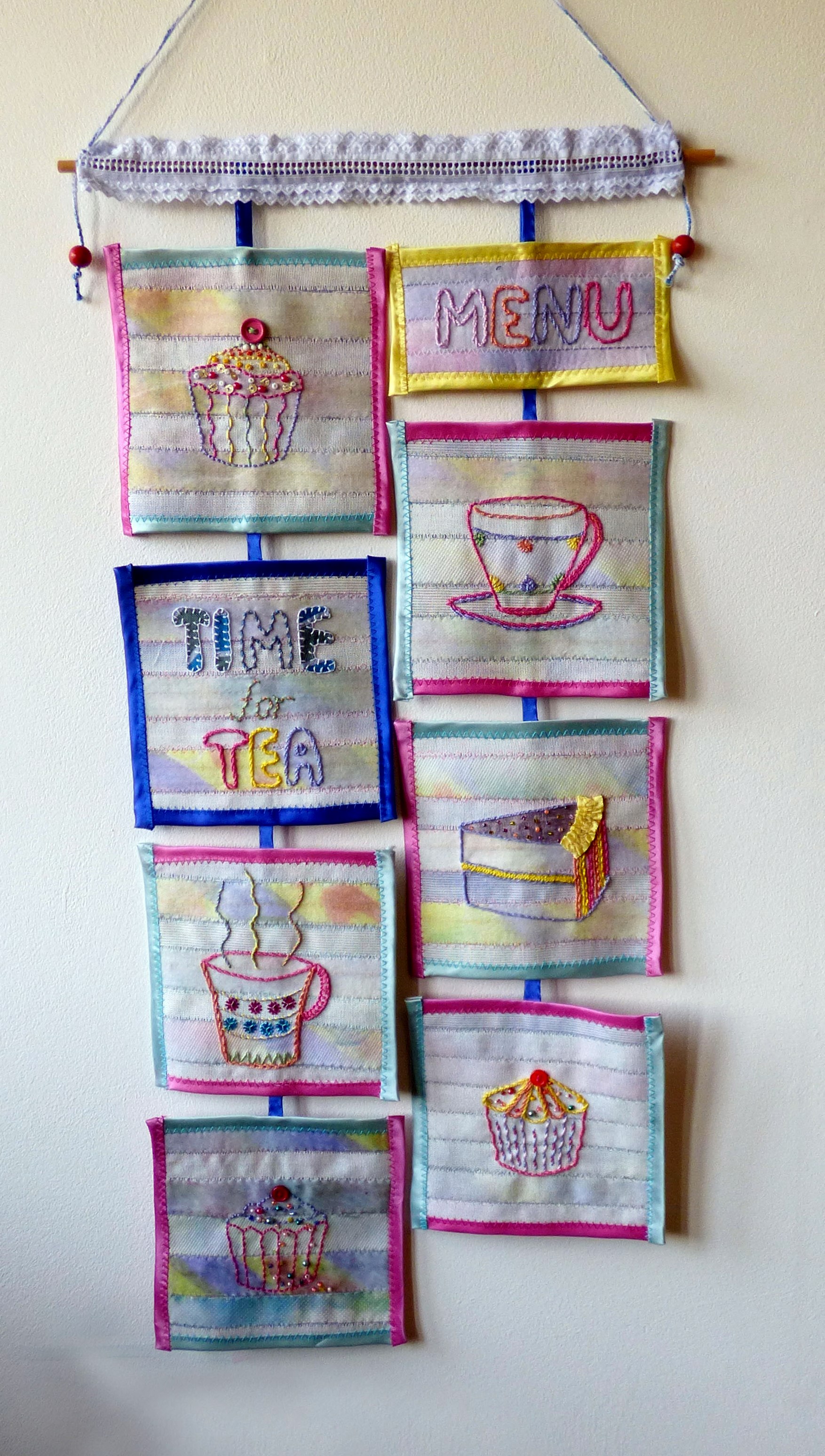 TIME FOR TEA, Manchester Megastitchers group work 2013, using tie linings as background fabric