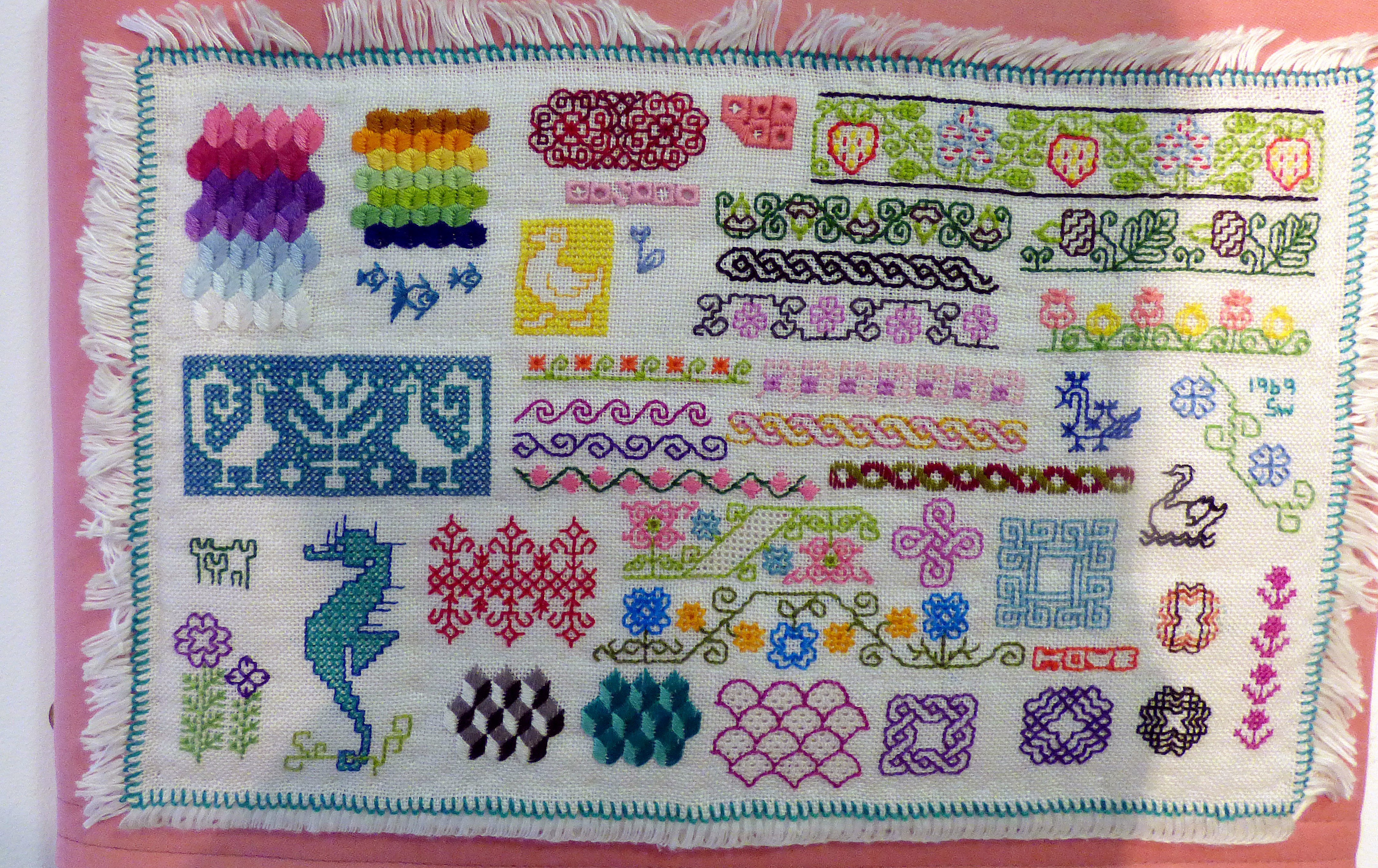 detail of SAMPLER (1969) by Serena Watson, counted thread work