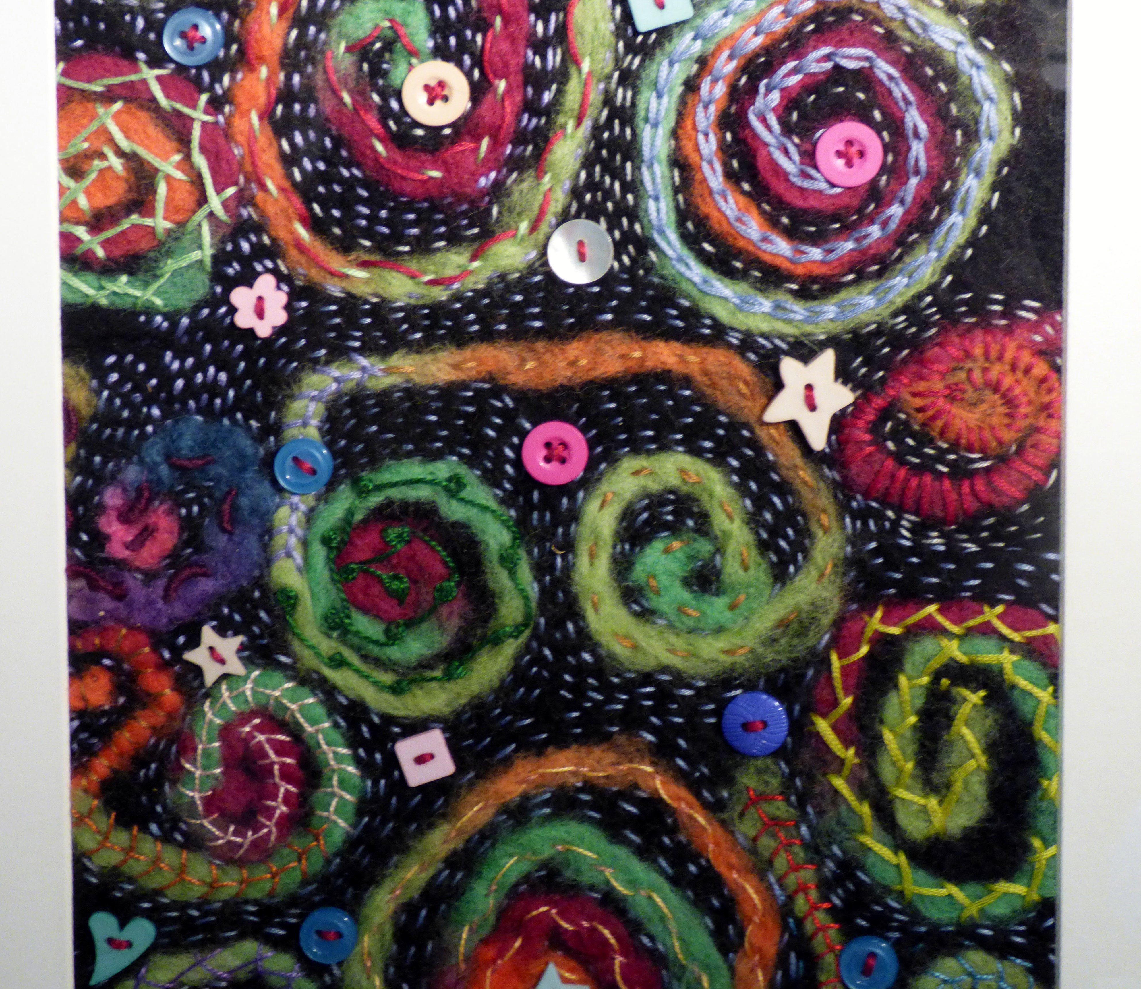 SPIRALLING OUT OF CONTROL by Yvonne Hunt, felt embellished with couching and buttons
