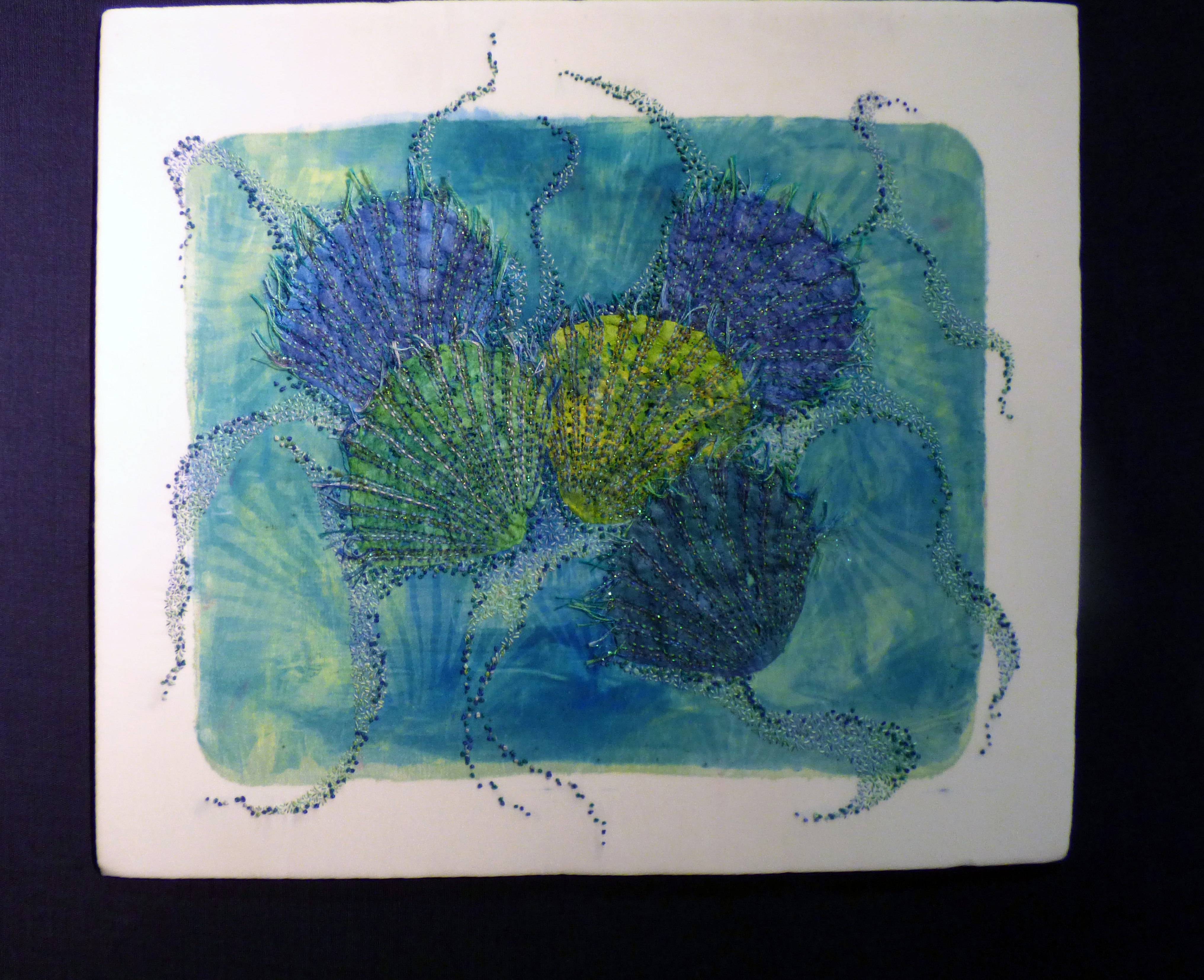 SHELL STUDY by Lynda Edwardes, hand embroidery on dyed and distressed fabric