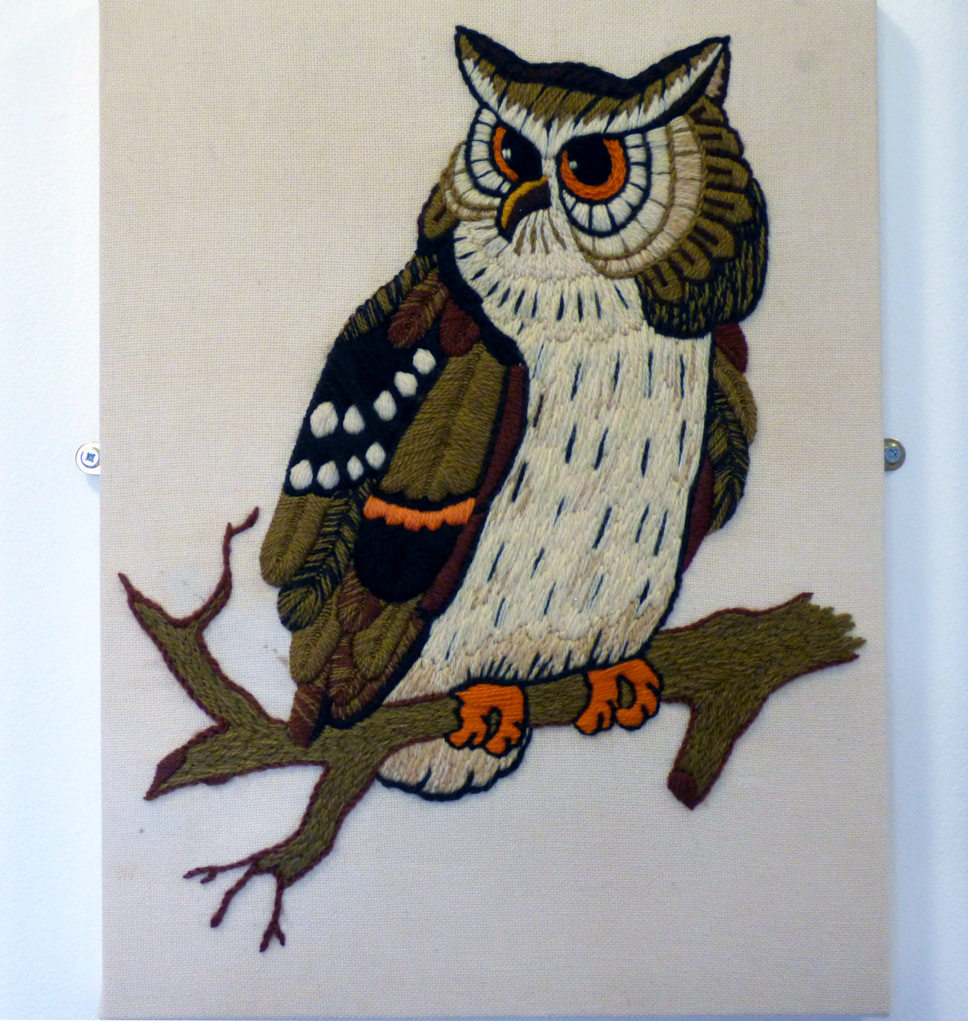 OWL by Sue Johnson, 1977, wool on cotton fabric, a first embroidery from a kit