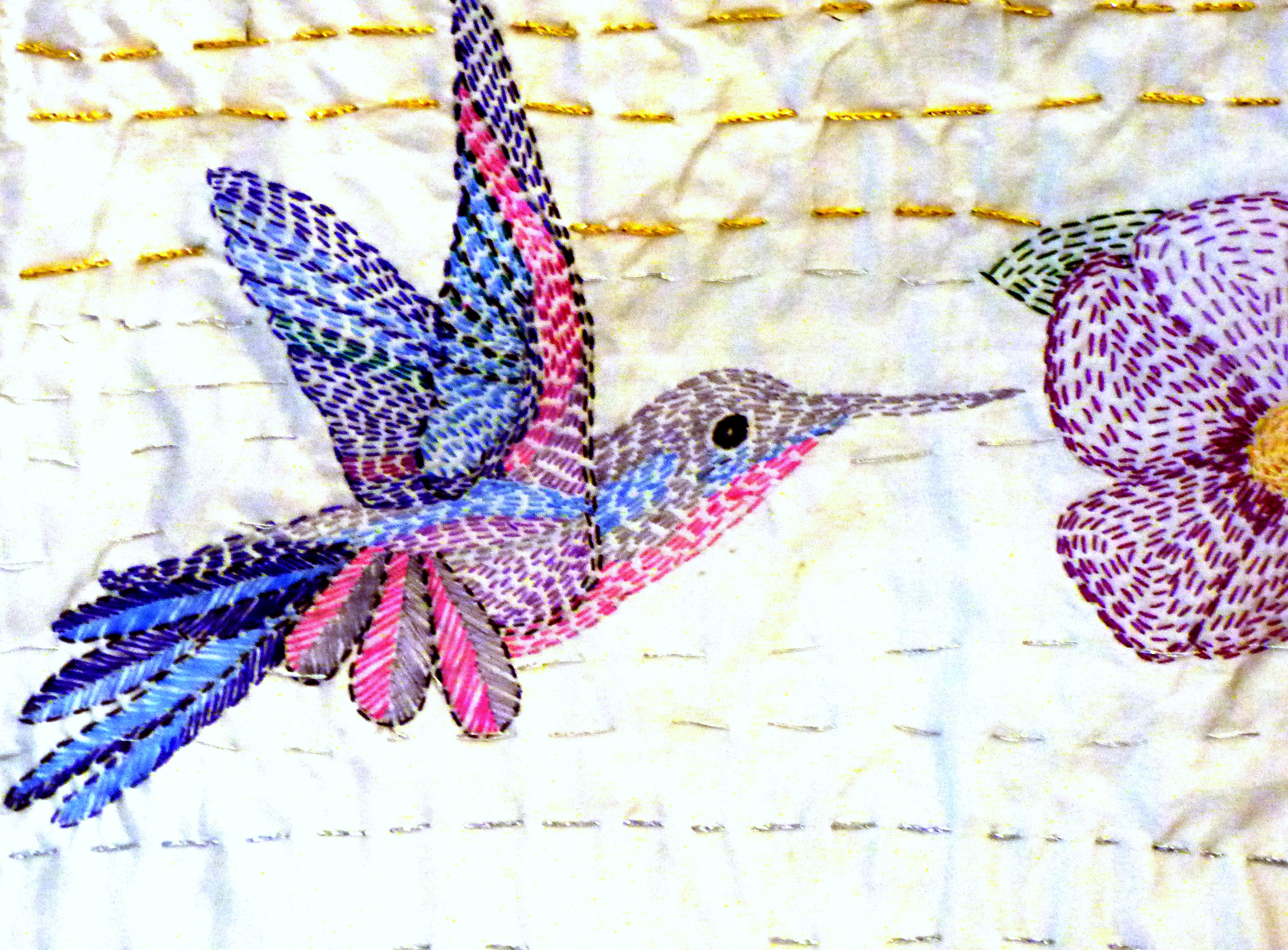 detail of hand embroidered Sreepur quilt with birds at Sreepur stall, NW Regional Day 2016