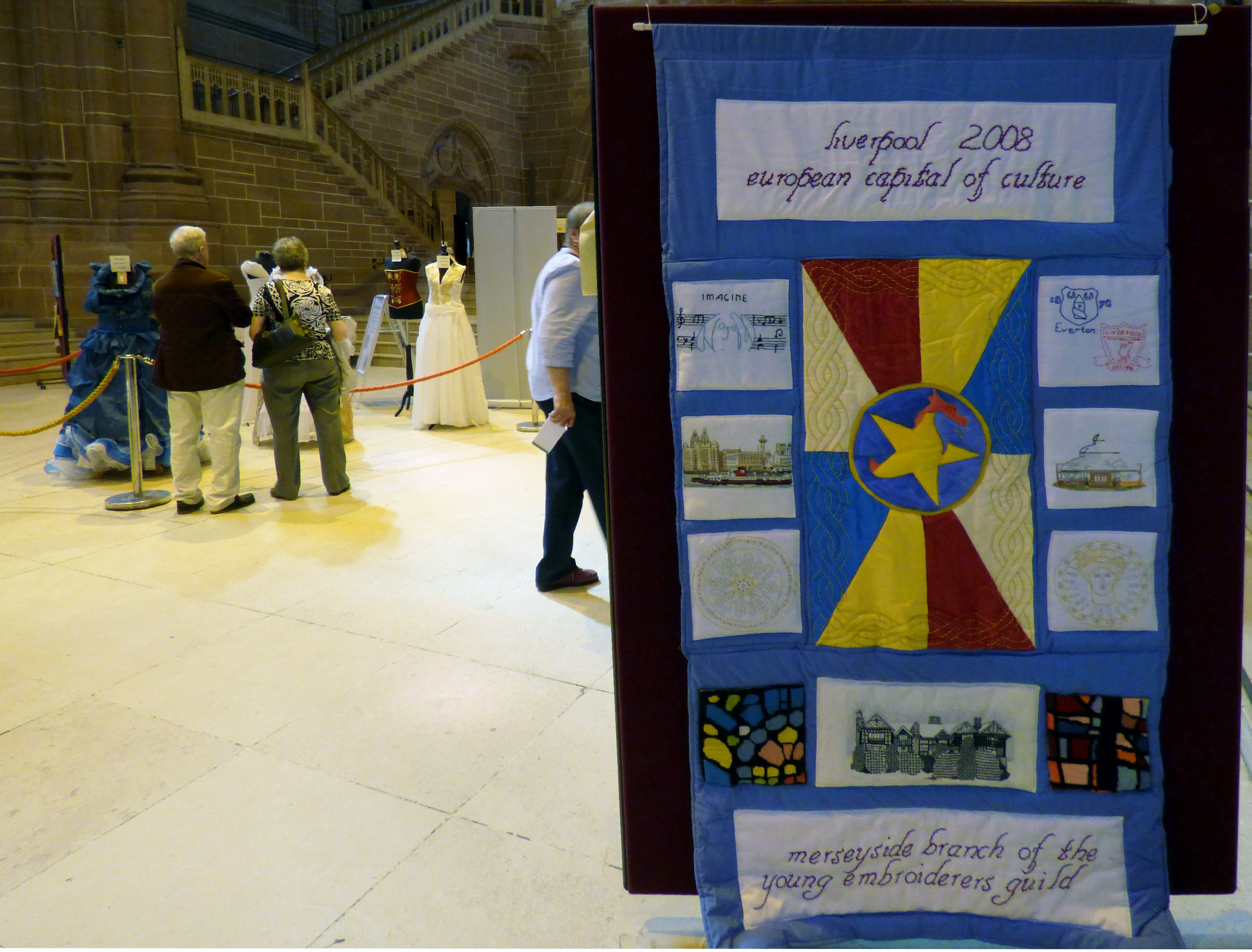 Merseyside Young Embroiderers 2008 banner at 60 Glorious Years exhibition, Liverpool Anglican Cathedral 2016