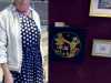 Rubina Porter MBE with BIRDS IN A NEST embroidery by Shabiter Akter from Sreepur at 60 Glorious Years exhibition 2016 in Liverpool Cathedral