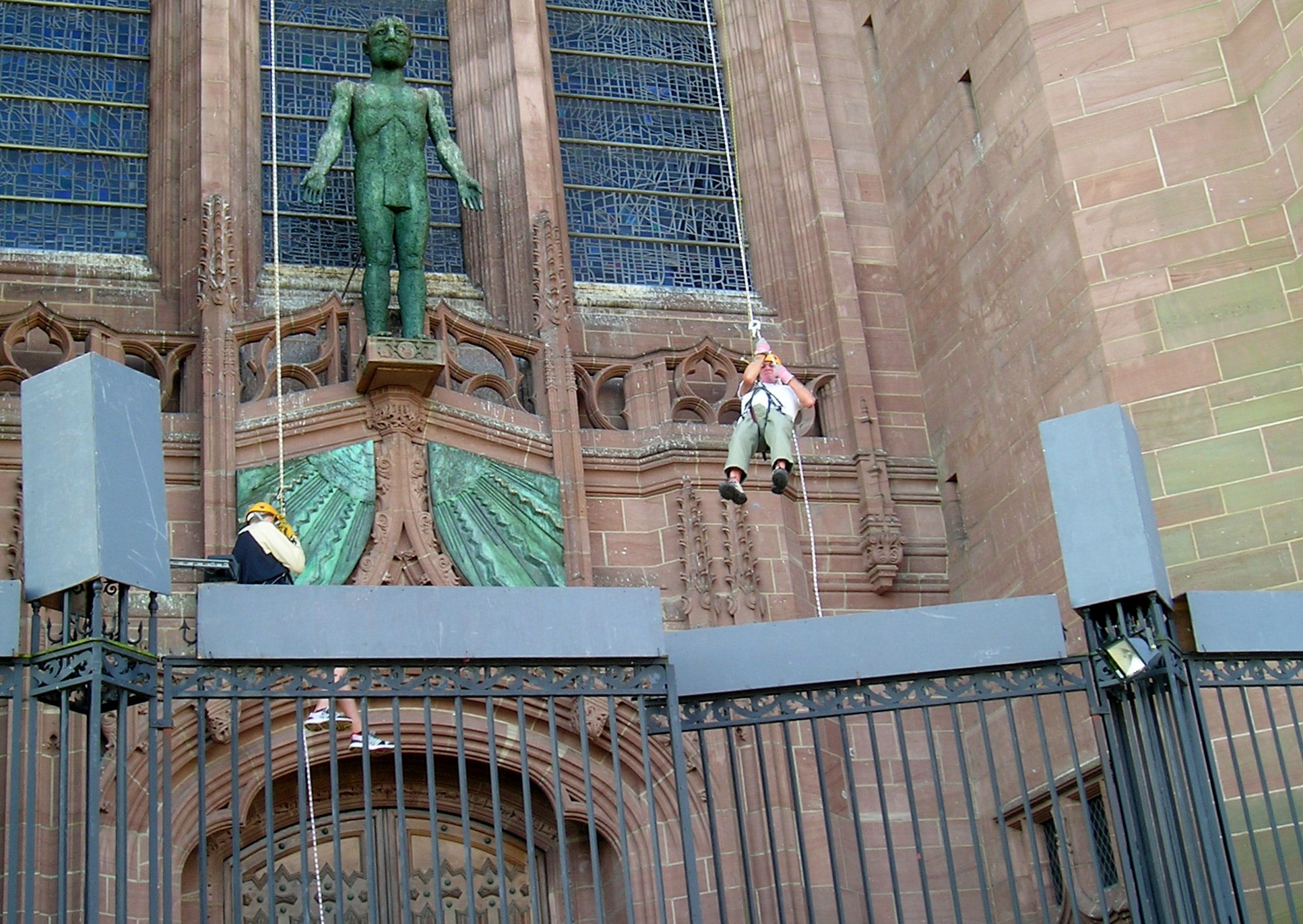 Ken Porter & his grandson Matthew Abbott abseiling down Liverpool Cathedral for Sreepur charity, Aug 2014