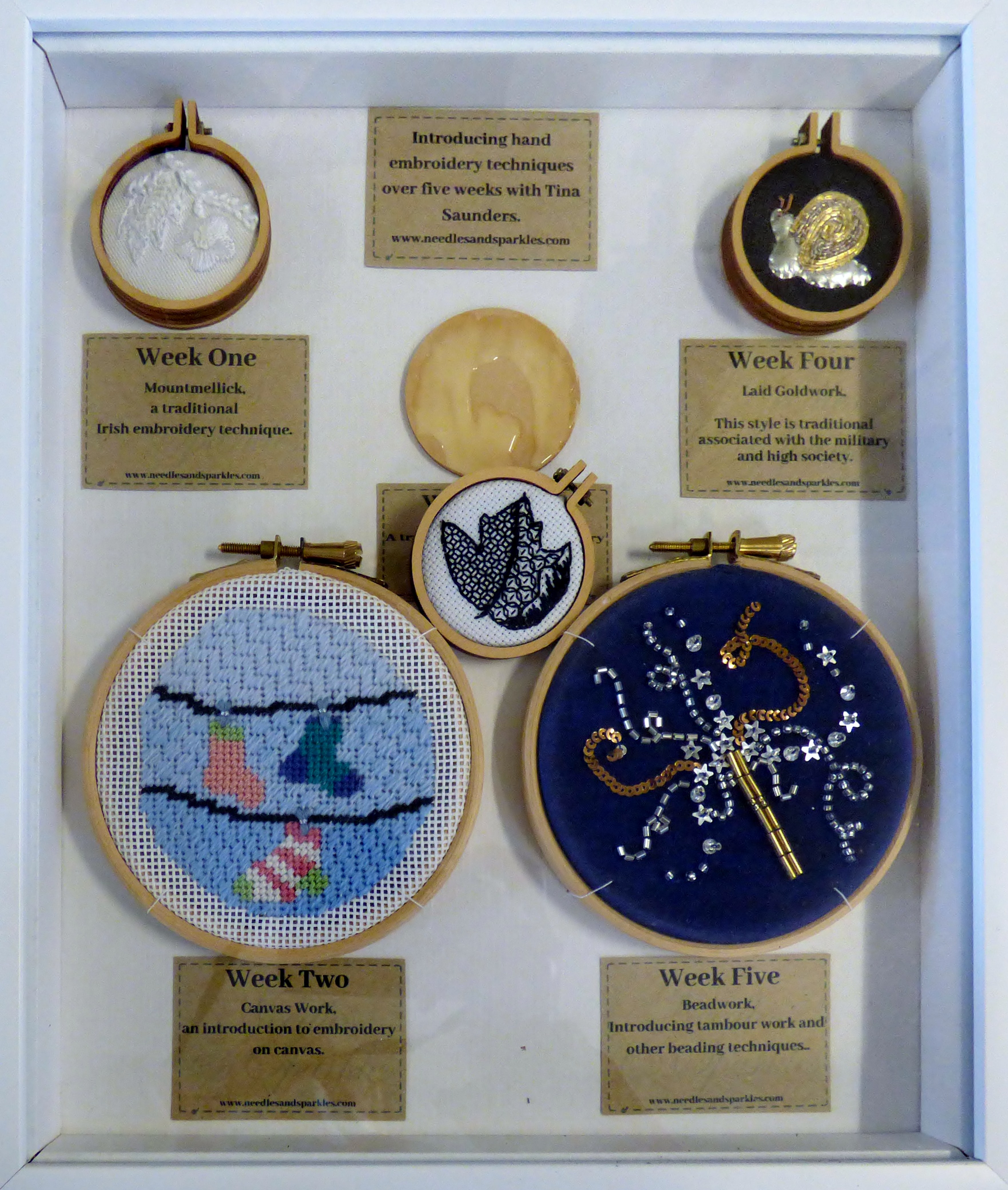 a sample of embroidery by Tina Saunders at "An Embroiderer's Tale" a Talk by Tina Saunders, Jan 2022