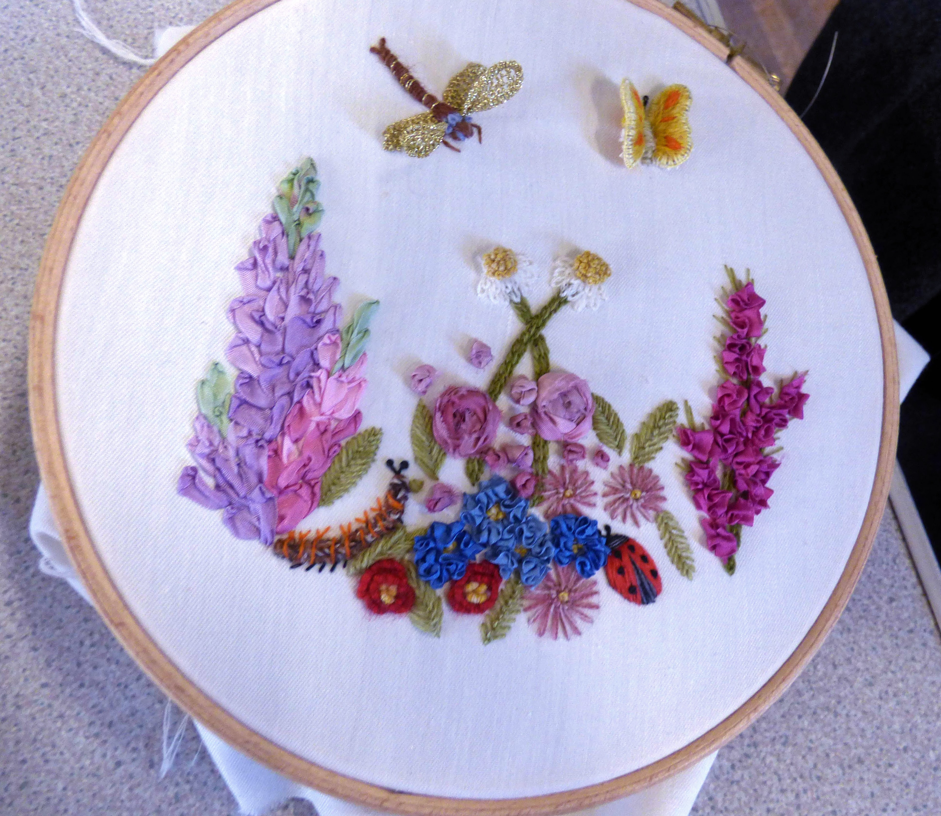 a sample of embroidery by Tina Saunders at "An Embroiderer's Tale" a Talk by Tina Saunders, Jan 2022