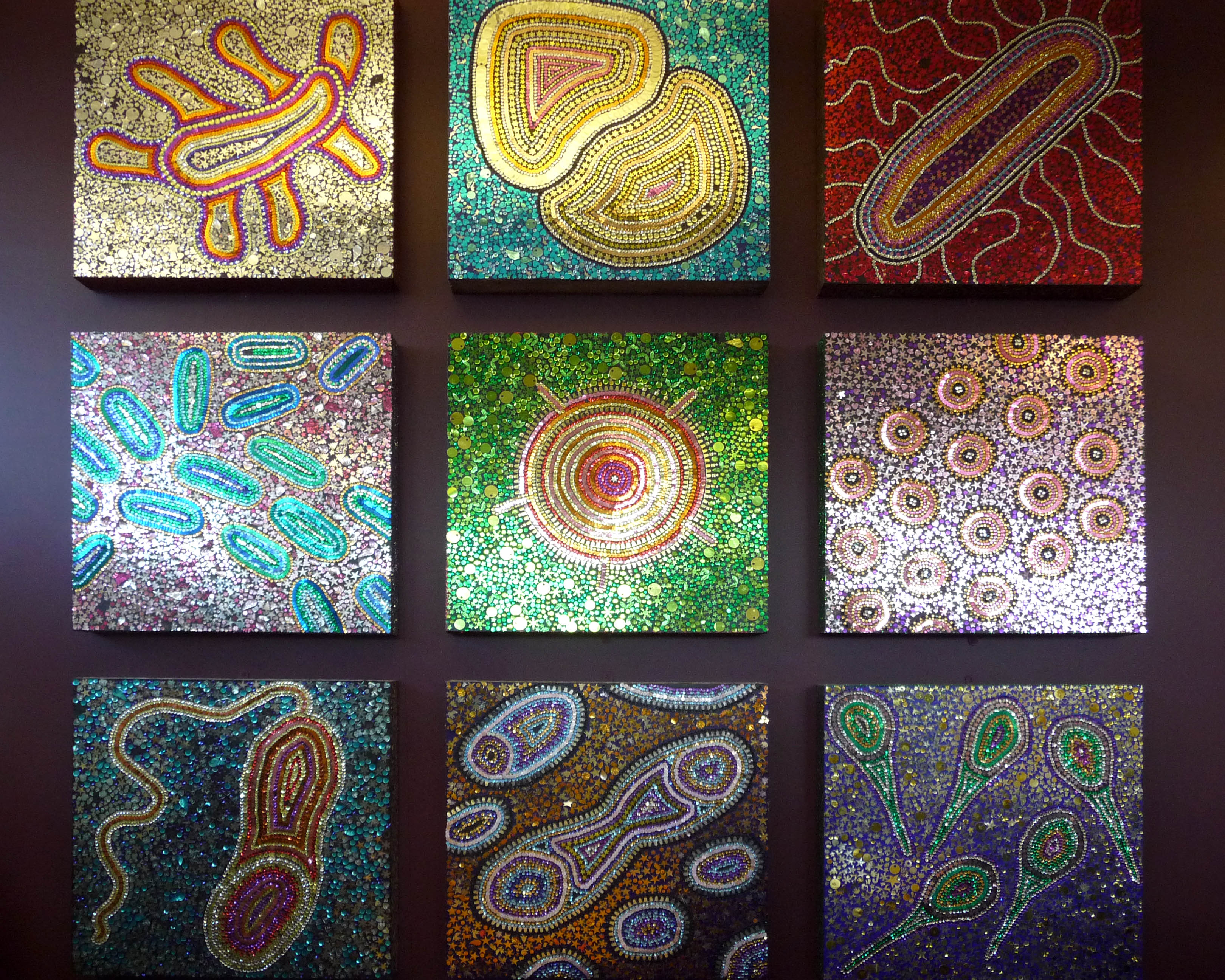 panel depicting BACTERIA, situated in Staff Library, Liverpool Women's Hospital, sequins, metallic foil