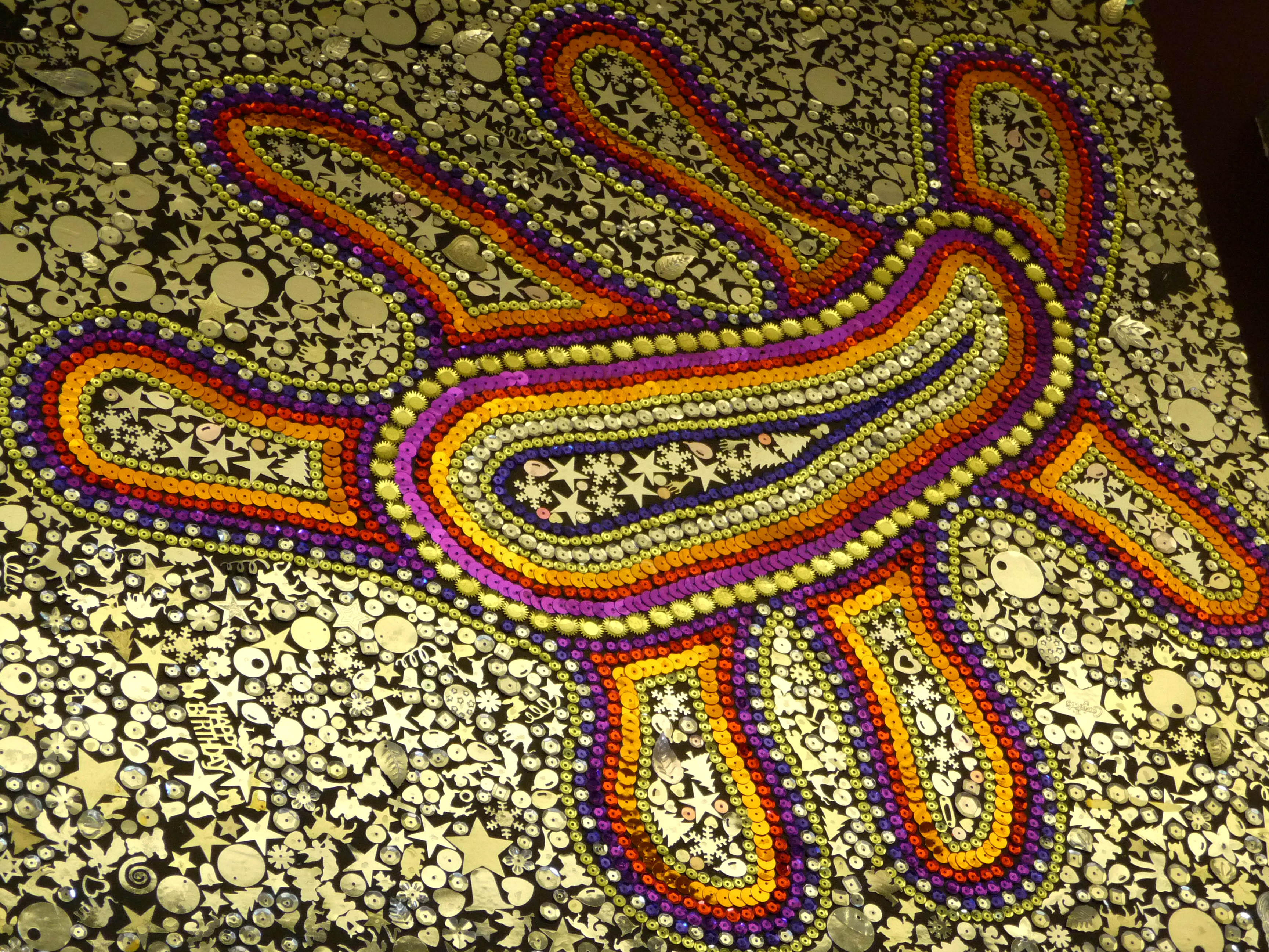 detail of panel depicting BACTERIA, situated in Staff Library, Liverpool Women's Hospital, sequins, metallic foil