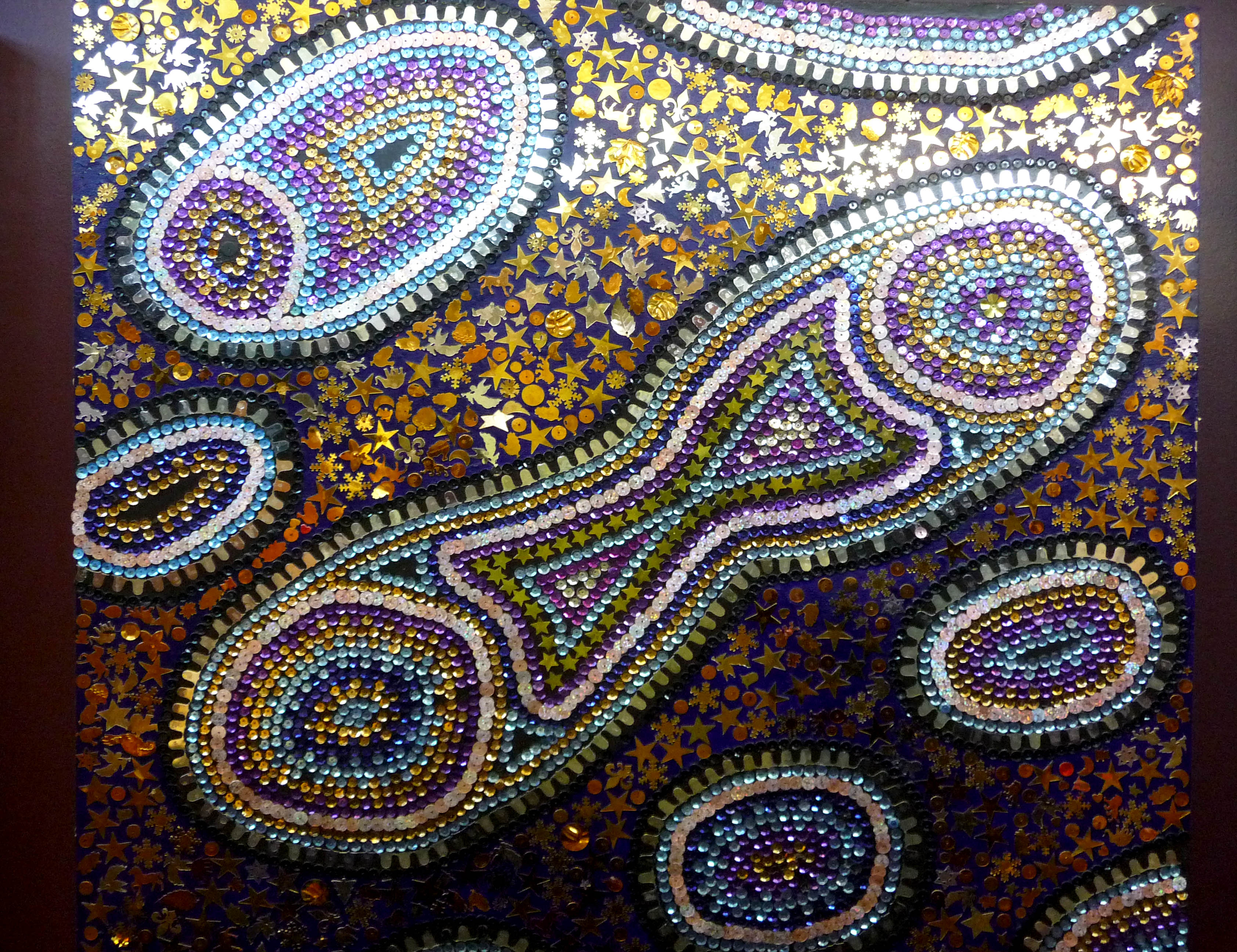 detail of panel depicting BACTERIA, situated in Staff Library, Liverpool Women's Hospital, sequins, metallic foil