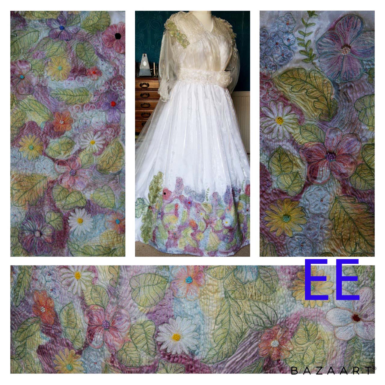 A DRESS FOR MISS ADELAIDE (front view and details), decorated in free machine embroidery over layers of silk fibres and organza, with additional details in appliqué, smocking, stumpwork and beadwork, Aurifil competition 2021