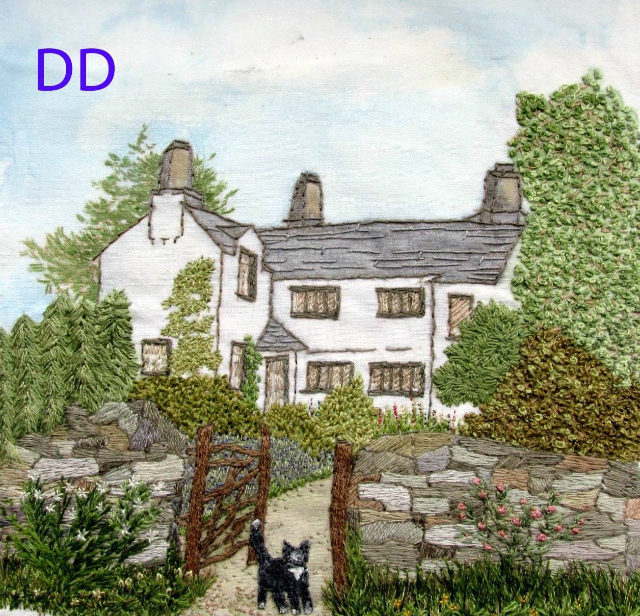 LAKELAND COTTAGE, hand painted background with hand stitch, Aurifil competition 2021