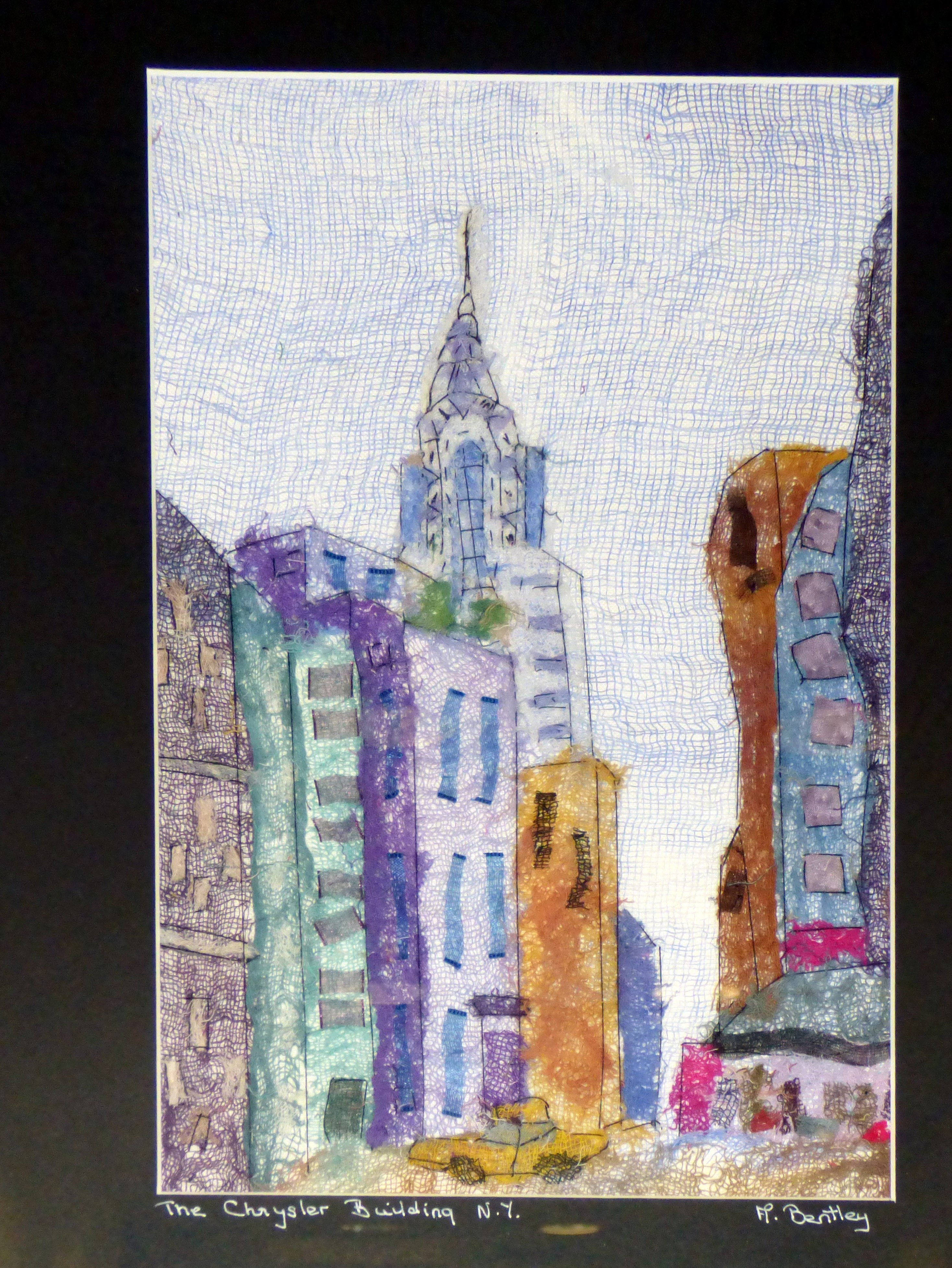 THE CHRYSLER BUILDING, NEW YORK by Mavis Bentley, hand embroidery in scrim & silk thread, Ten Plus @ The Atkinson, 2018