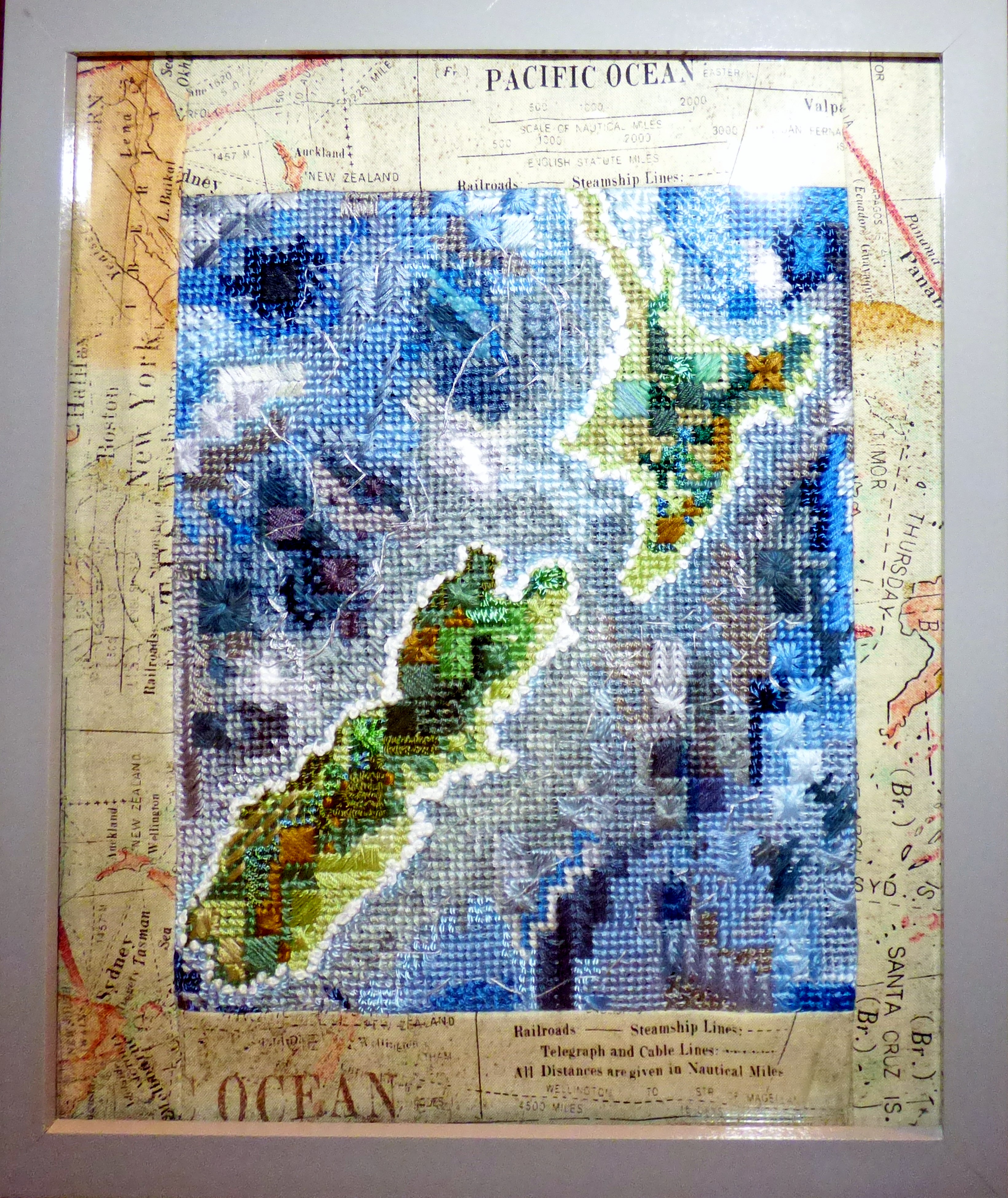 NEW Zealand by Mal Ralston, canvas work, Endeavour exhibition, Liverpool Cathedral 2018