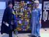 Sarah Lowes and friend with Sarah's quilt GUM LEAVES IN THE OUTBACK, reverse applique,  Endeavour exhibition, Liverpool Cathedral, Sept 2018