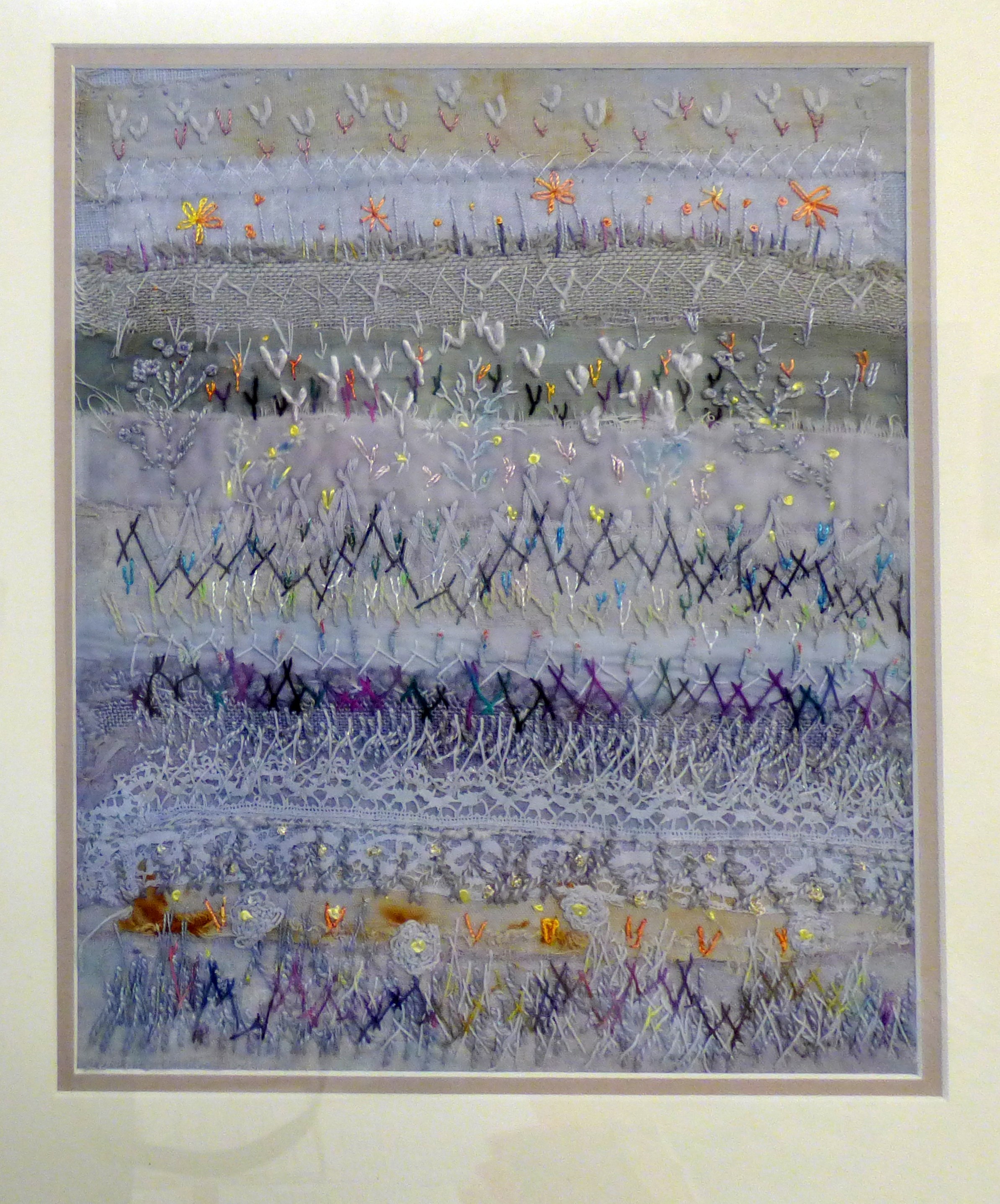 COLOURS OF THE SEA by Janet Vance, collage of hand dyed fabrics and hand stitch, ConText group 2018