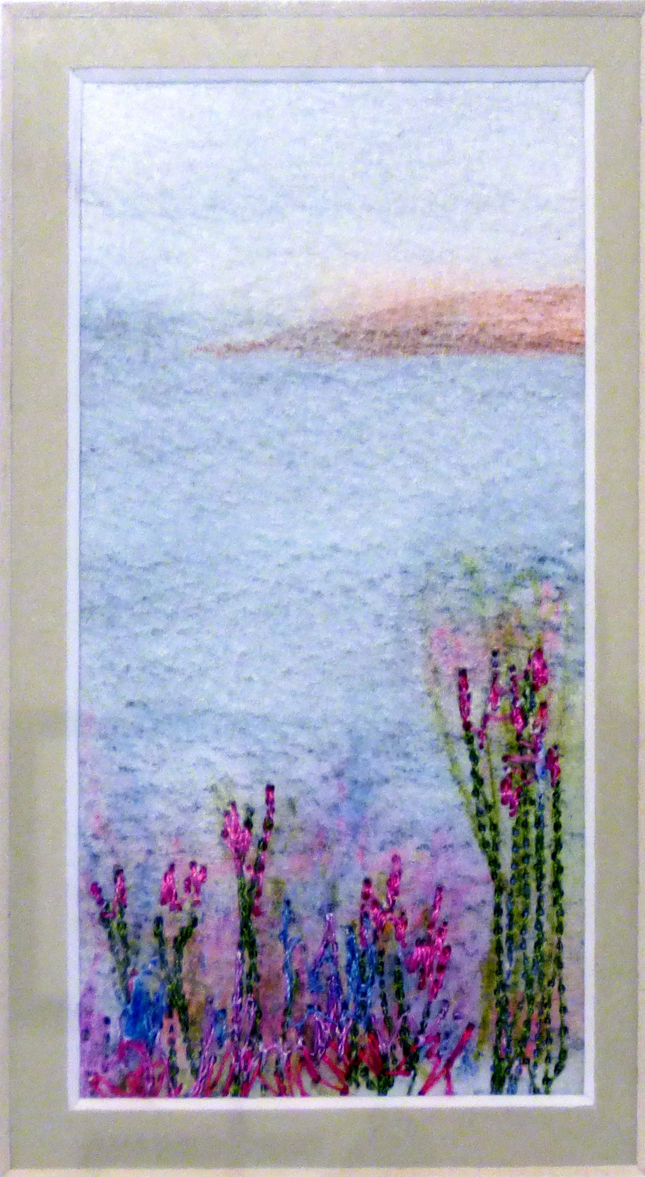 ON THE CLIFF by Joan Norton, free machine stitching on a watercolour painting, ConText group 2018