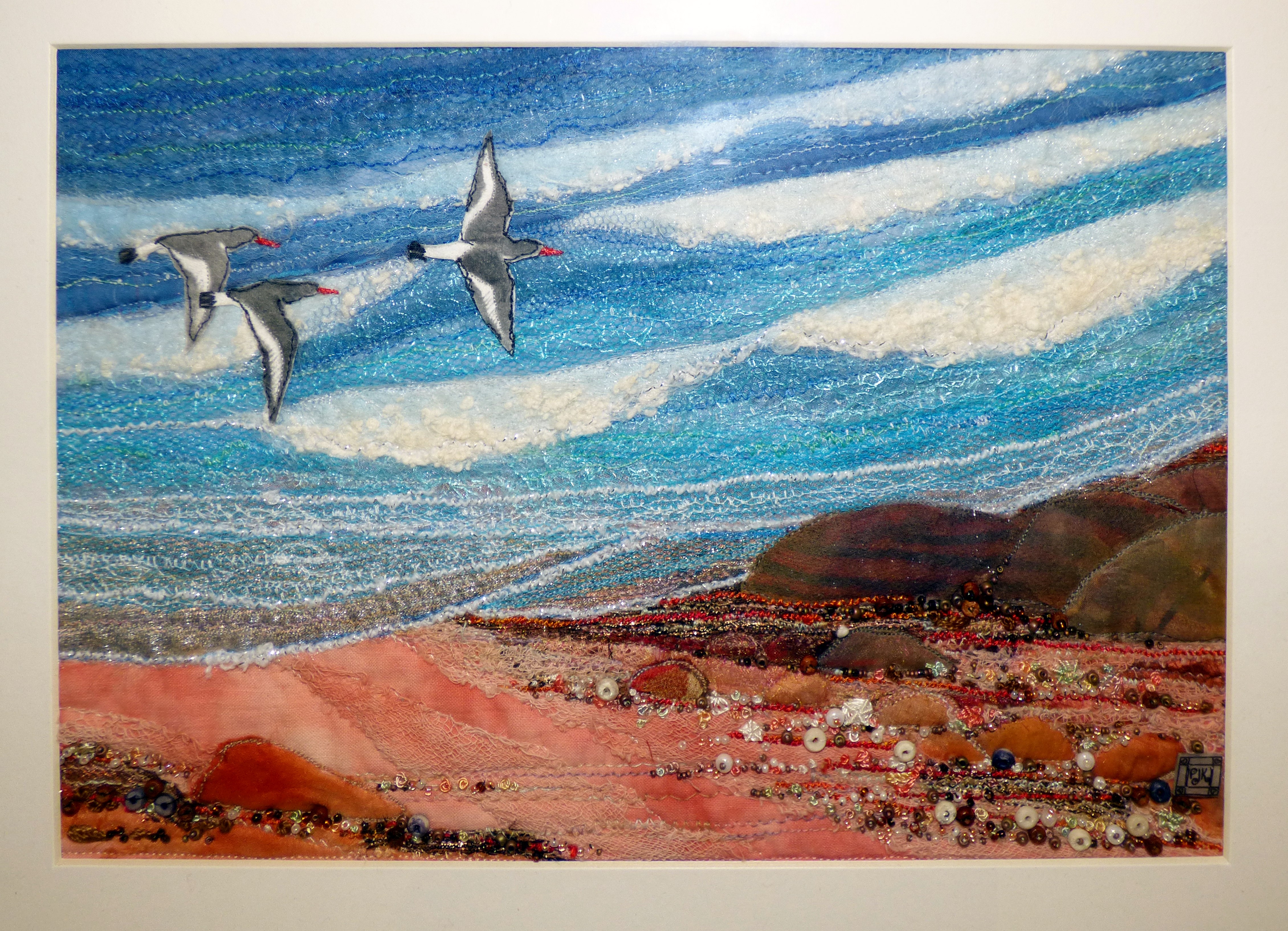 HIGH TIDE OYSTERCATCHERS by Patricia Jane King, mixed fabrics, machine and hand stitching and beads, ConText group 2018