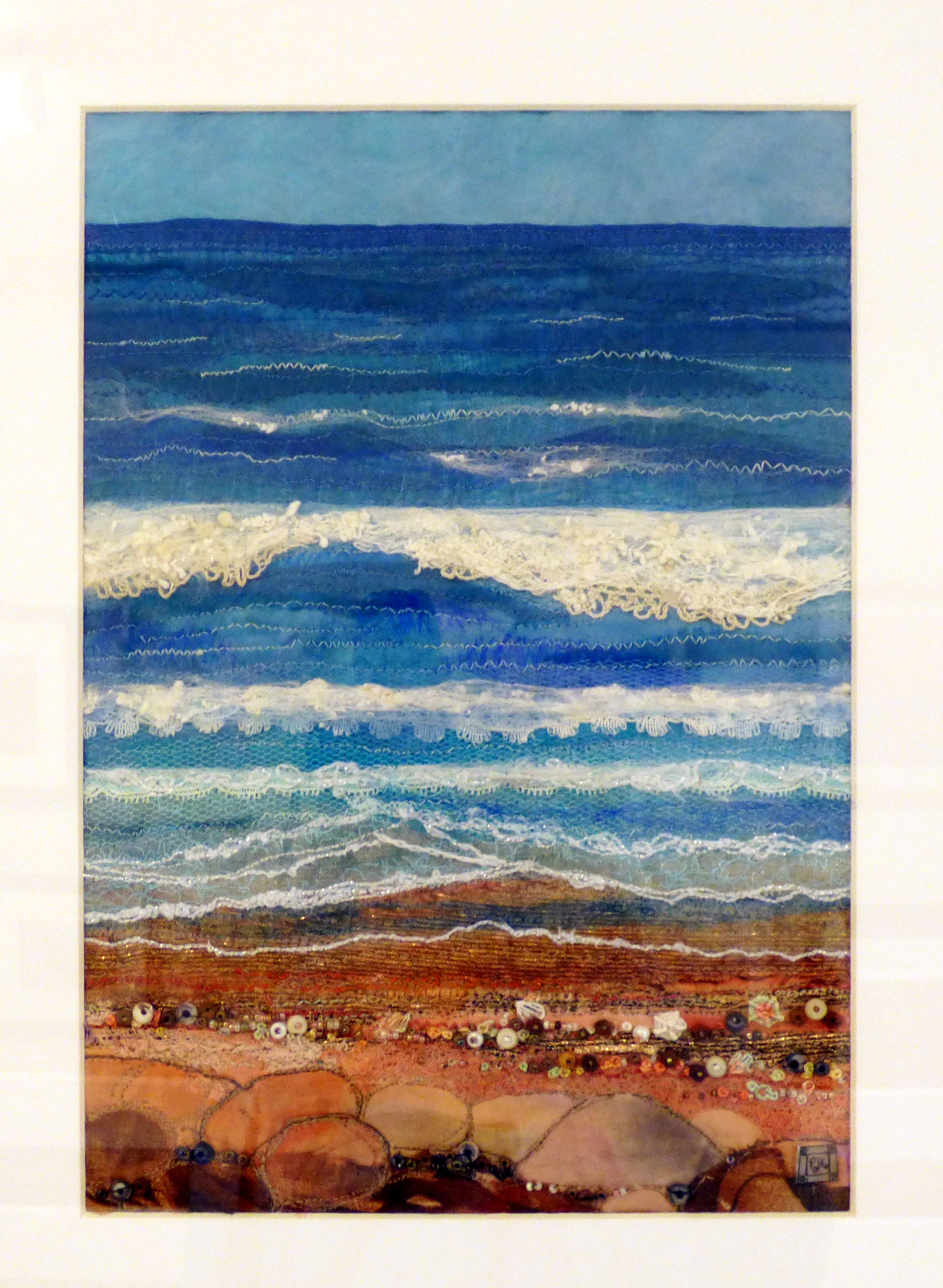 SHORELINE by Patricia Jane King, mixed fabrics, machine and hand stitching and beads, ConText group 2018