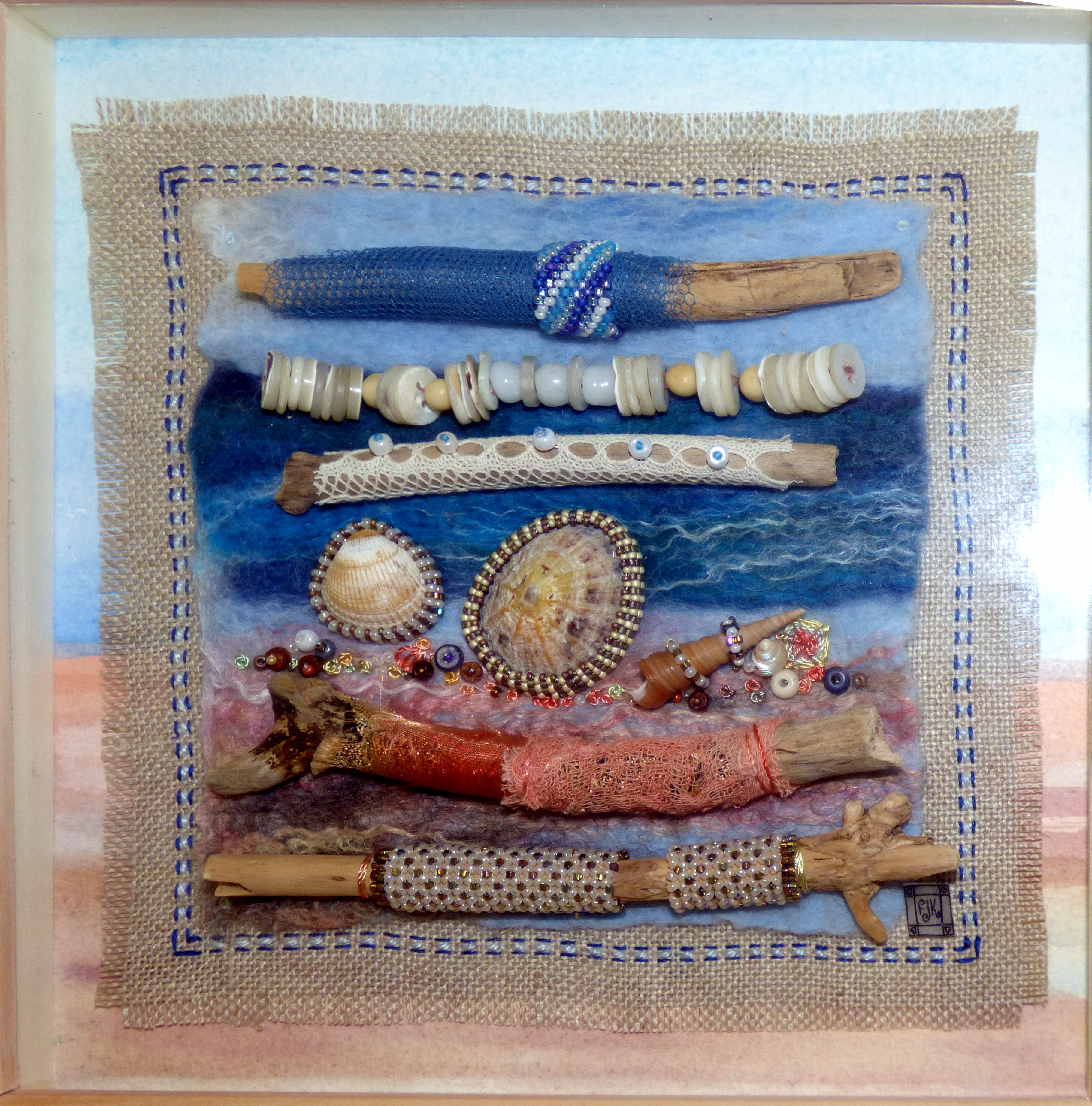 DRIFTWOOD by Patricia Jane King, felting, watercolour, free machine stitch, hand stitching and beads, ConText group 2018