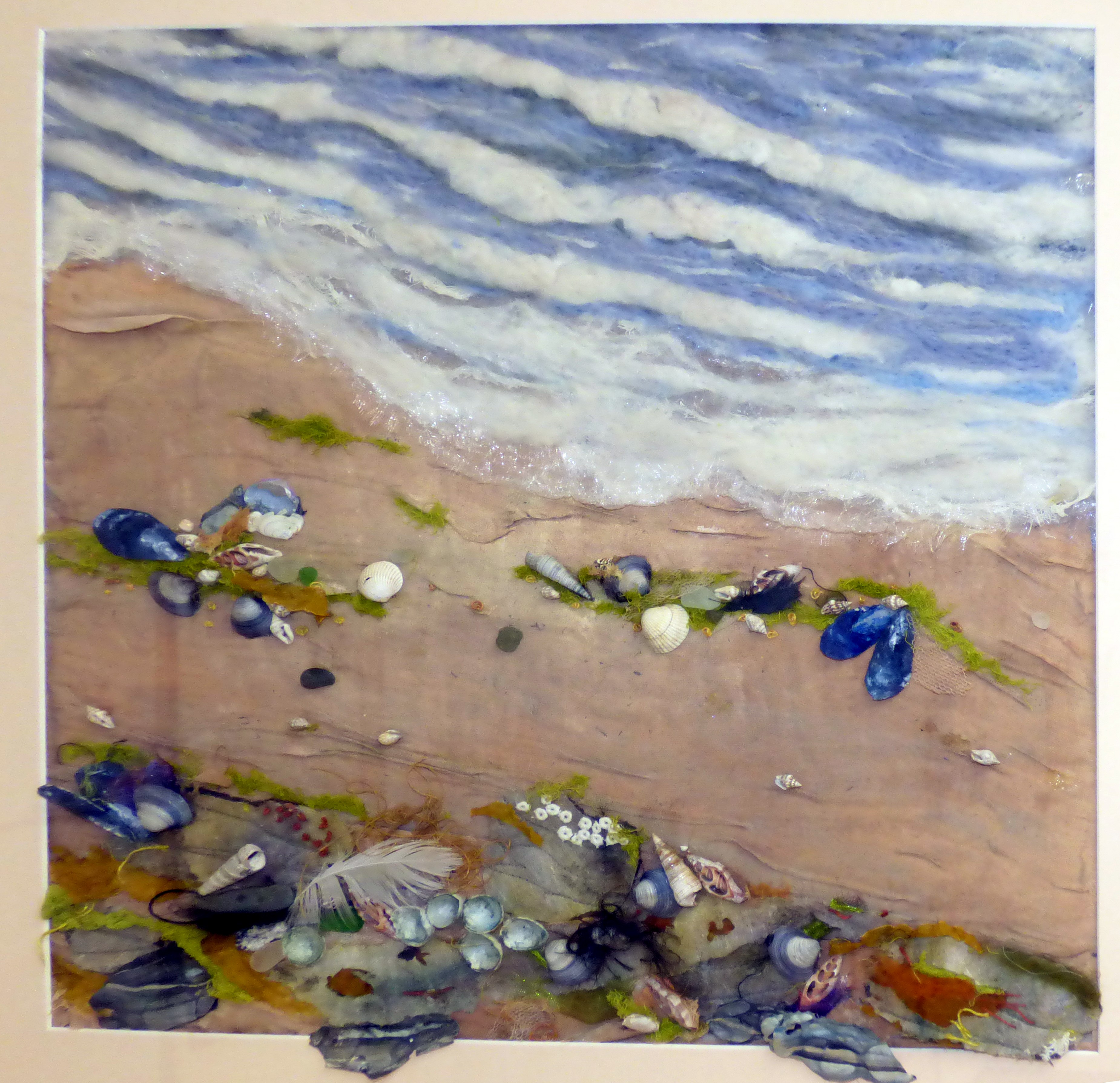 AFTER THE TIDE by Kathy Hoolahan, fabrics, natural materials with hand and machine stitches, ConText group 2018