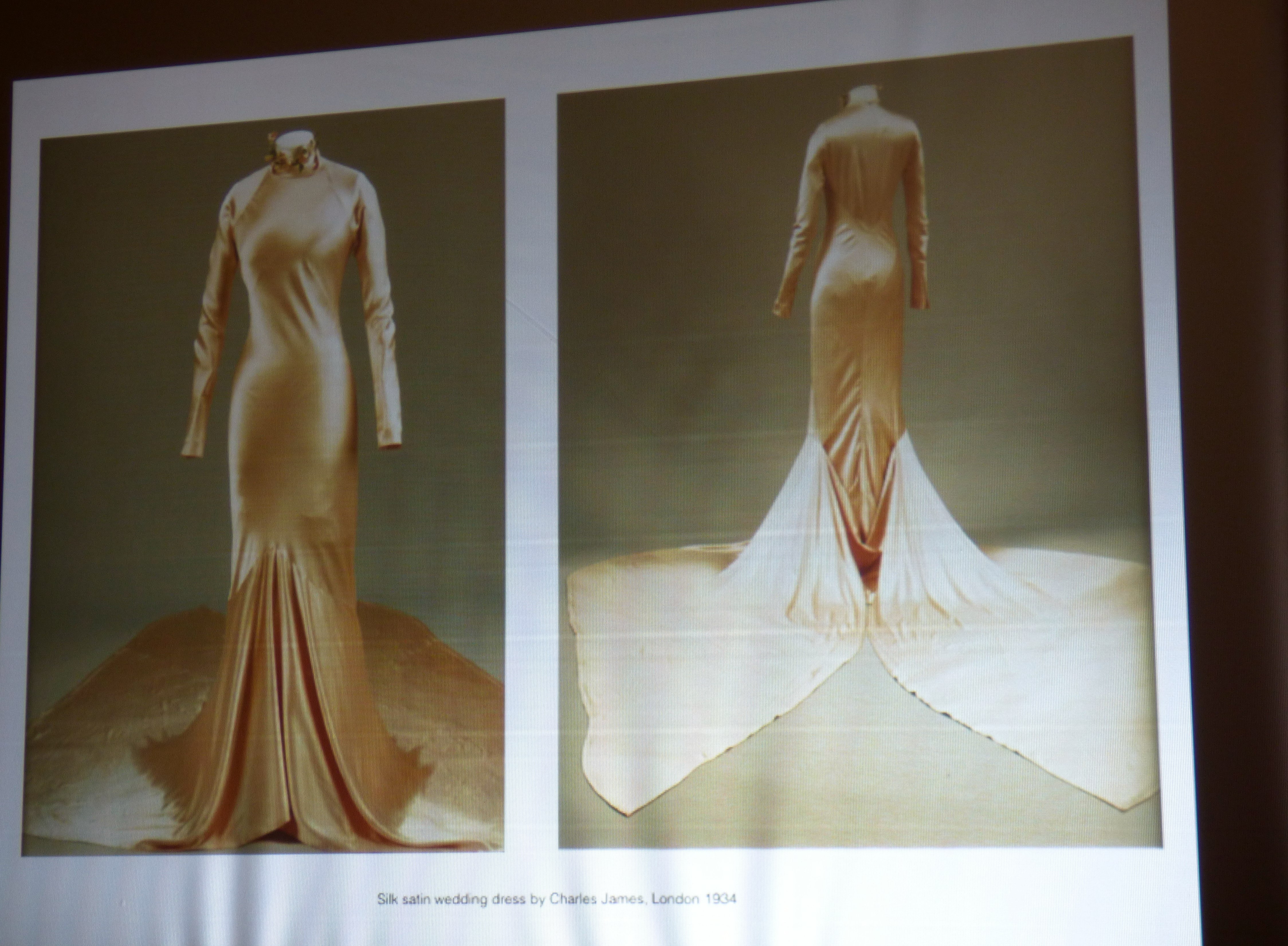 slide showing silk satin wedding dress by Charles James, London 1934