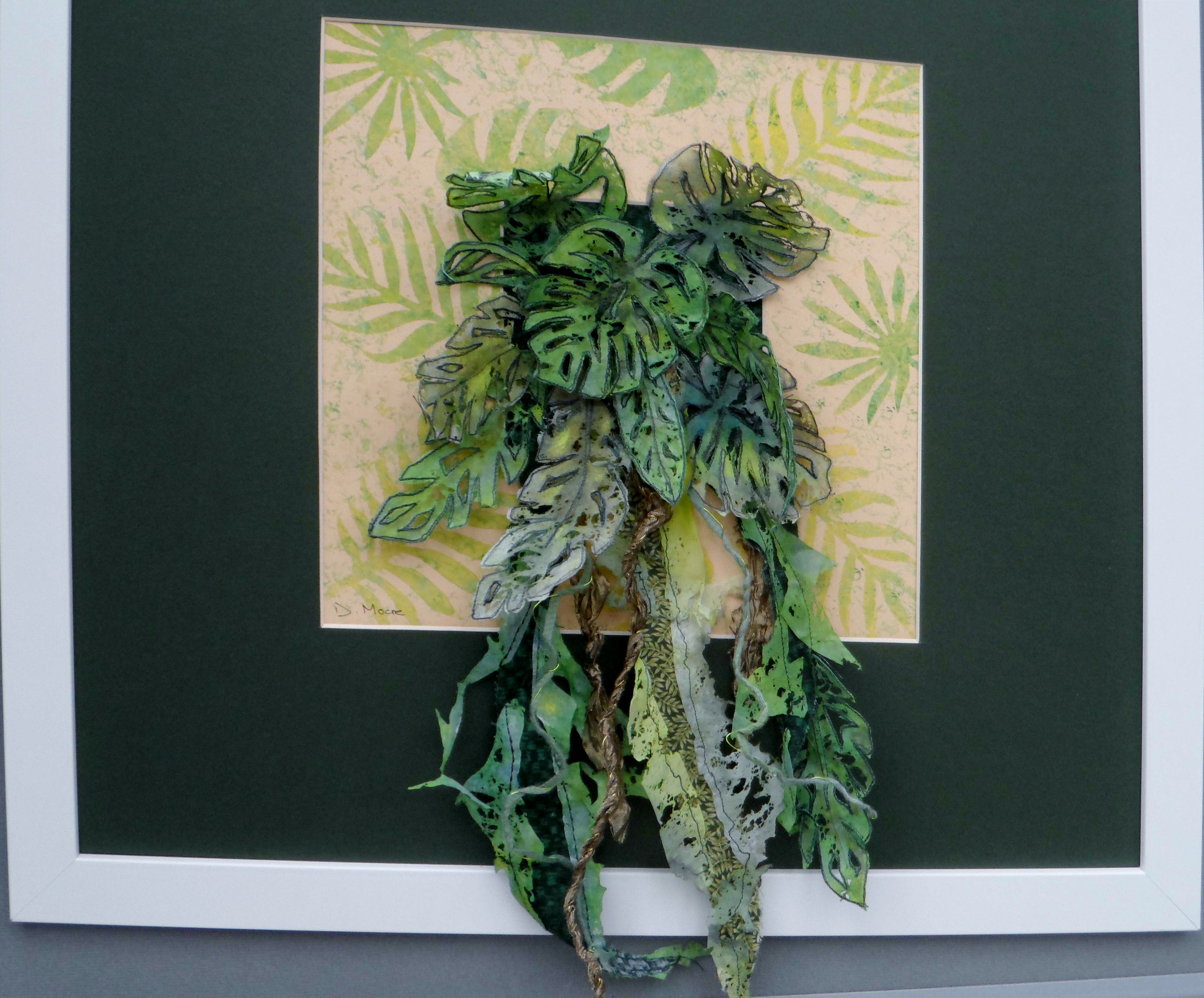 PROFUSION OF LEAVES by Diane Moore, dyed, painted and distressed Lutrador, machine stitching, Contemporary Threads exhibition, Sefton Palm House, Feb 2022