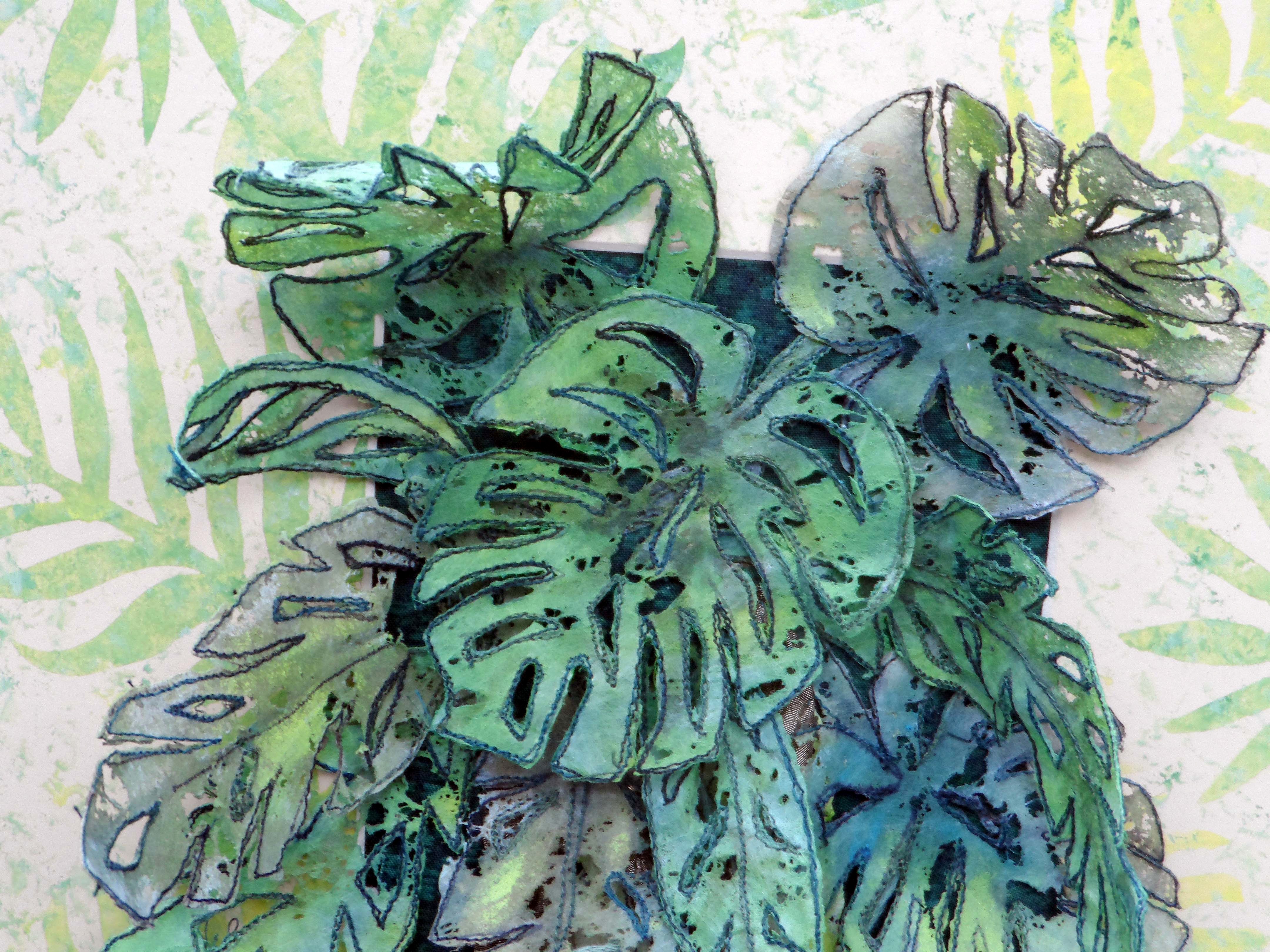(detail) PROFUSION OF LEAVES by Diane Moore, dyed, painted and distressed Lutrador with machine stitch, Contemporary Threads exhibition, Sefton Palm House, Feb 2022