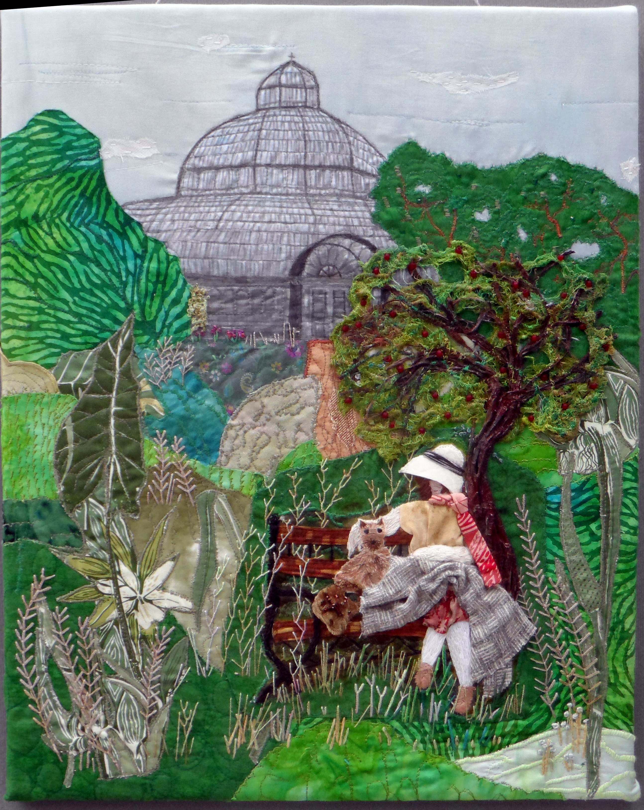 A WALK IN THE PARK by Mal Ralston, applique with hand and machine embroidery, Contemporary Threads exhibition, Sefton Palm House, Feb 2022