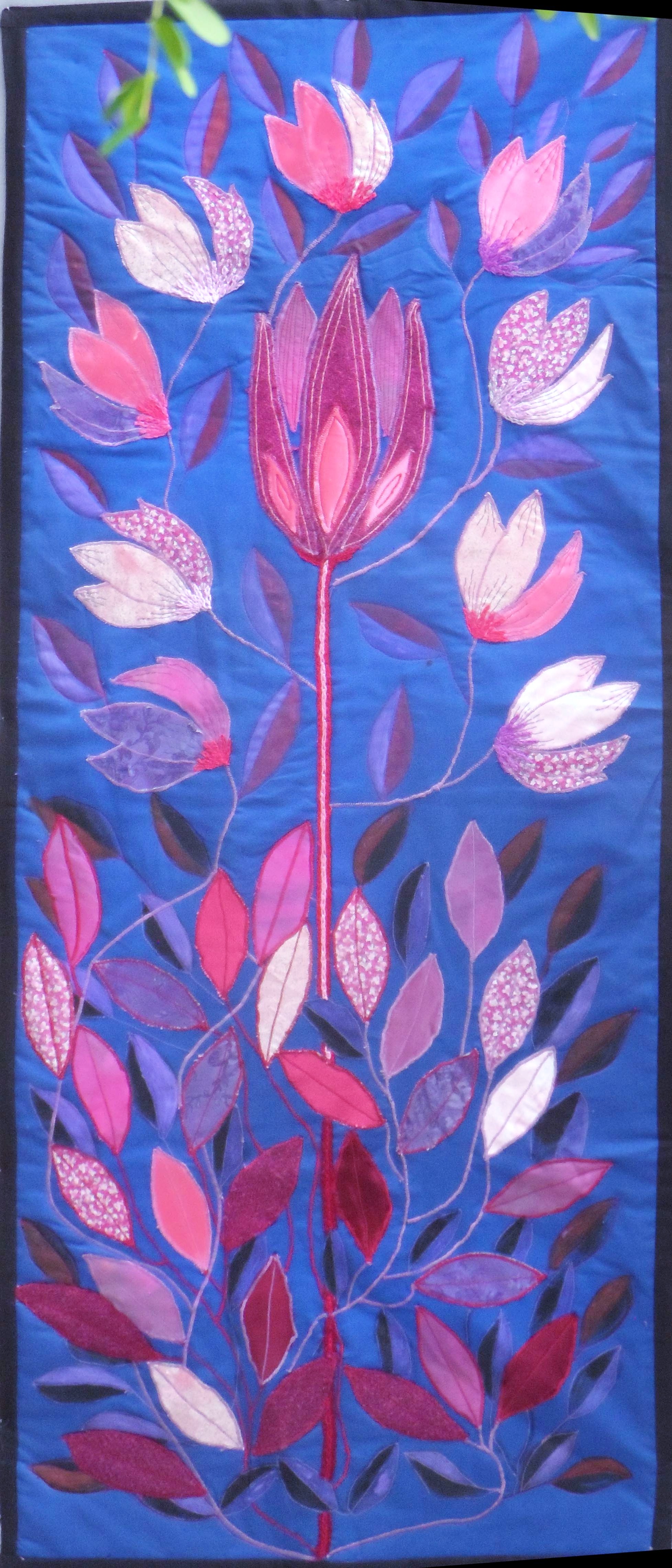 TROPICAL FLOWERS by Sue Tresiddor, applique and stitch, Contemporary Threads exhibition, Sefton Palm House, Feb 2022