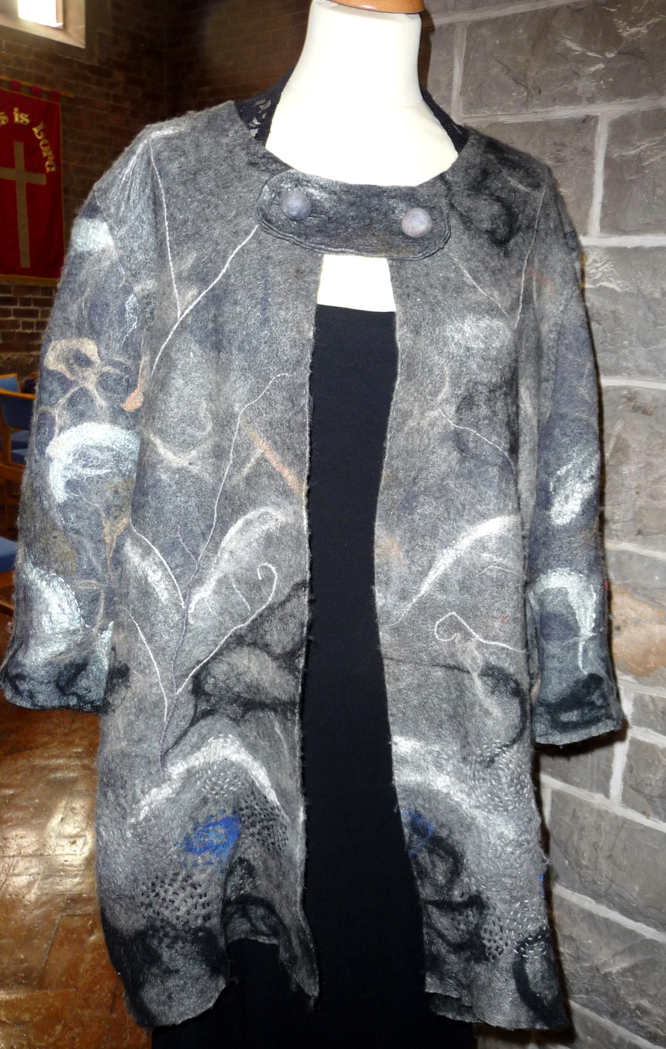 FELTED JACKET by Mary Southern, hand embroidered, felted merino fibres on silk pre-felt, inspired by grey skies