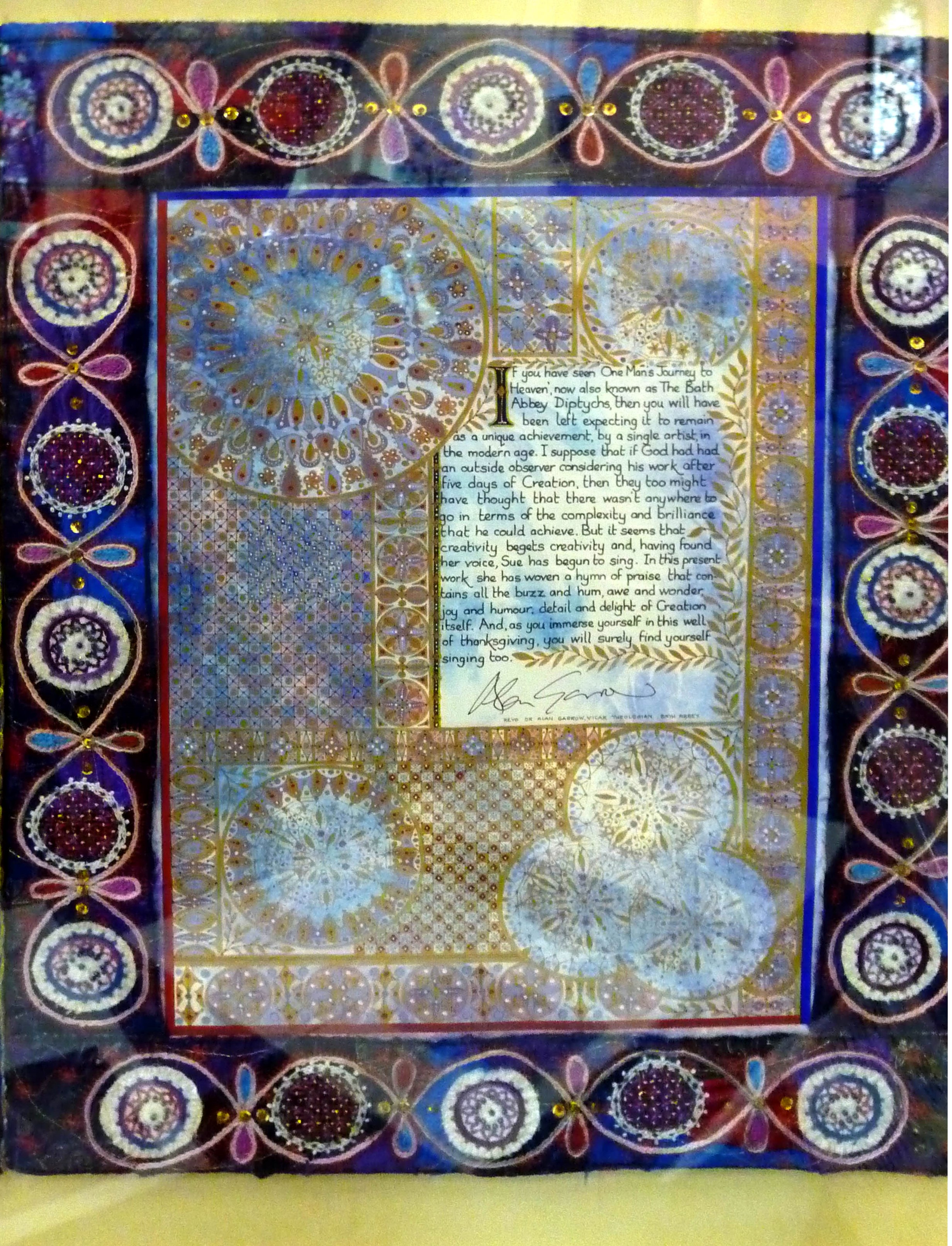 CREATION: A CELEBRATION by Sue Symonds, PREFACE (double spread), painting with embroidered frame