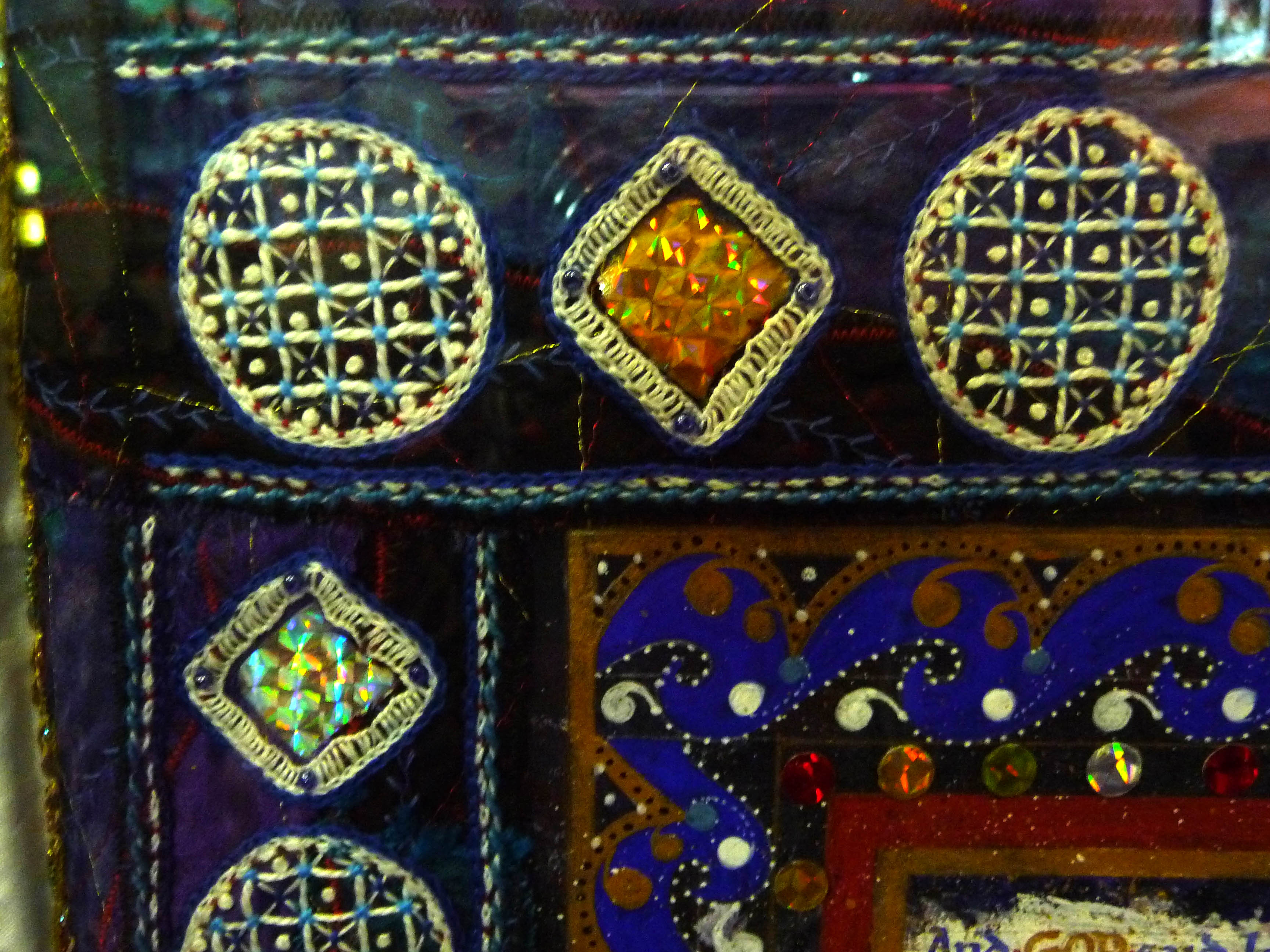 (detail) CREATION: A CELEBRATION by Sue Symonds, THE FIRMAMENT, painting with embroidered frame