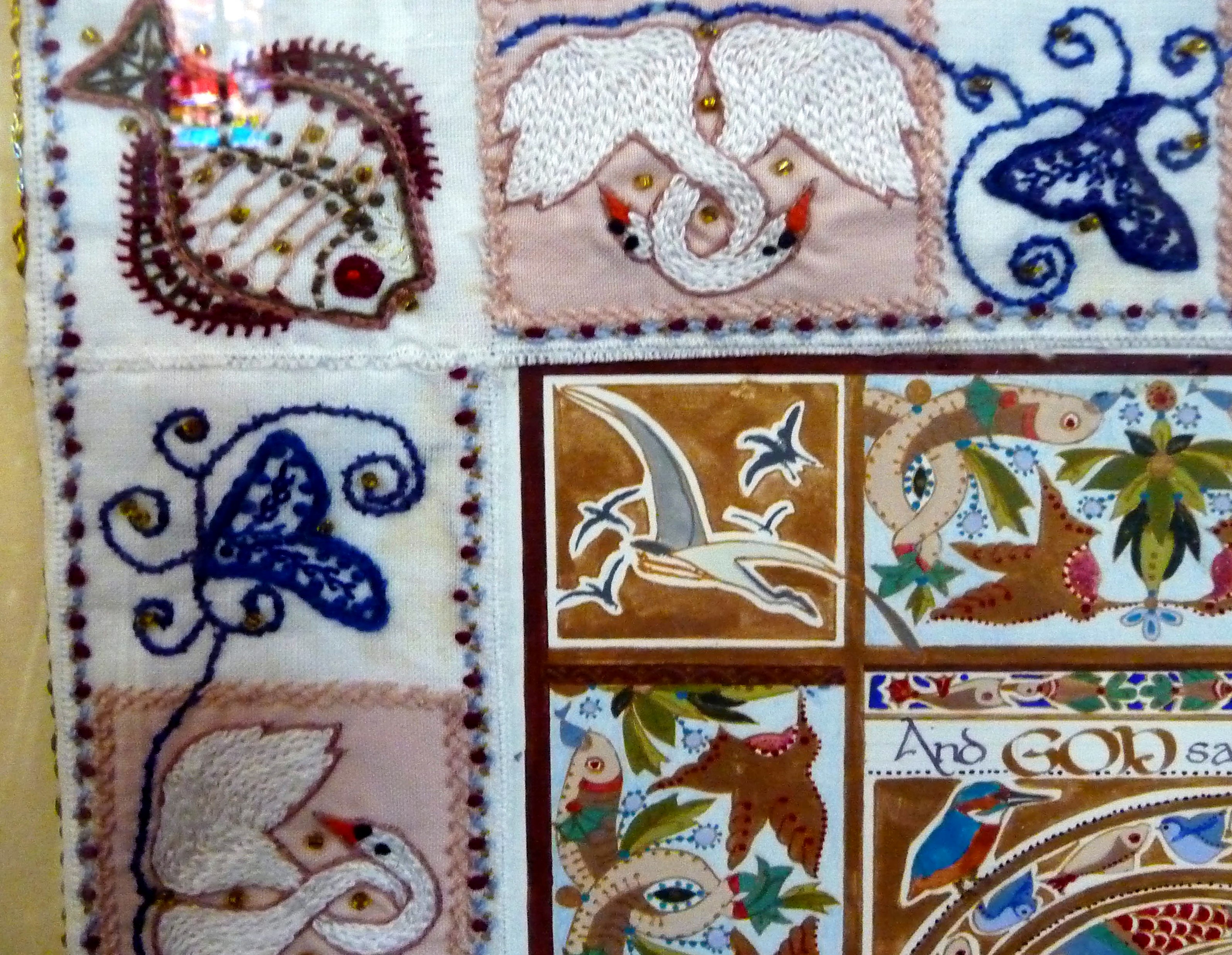 (detail) CREATION: A CELEBRATION by Sue Symonds, FISH, SEA, ANIMALS AND BIRDS, painting with embroidered frame