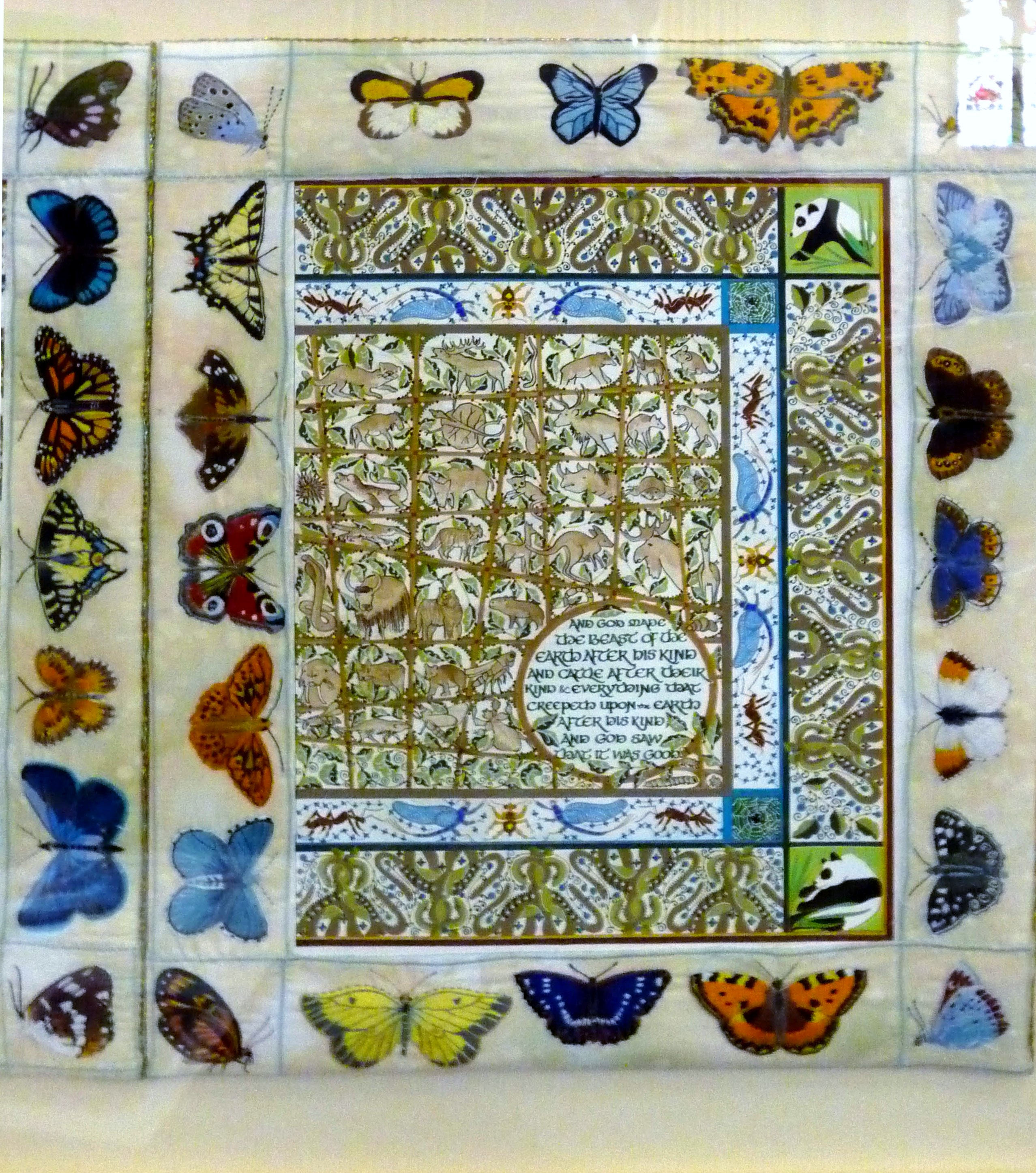 CREATION: A CELEBRATION by Sue Symonds, ANIMALS, painting with embroidered frame