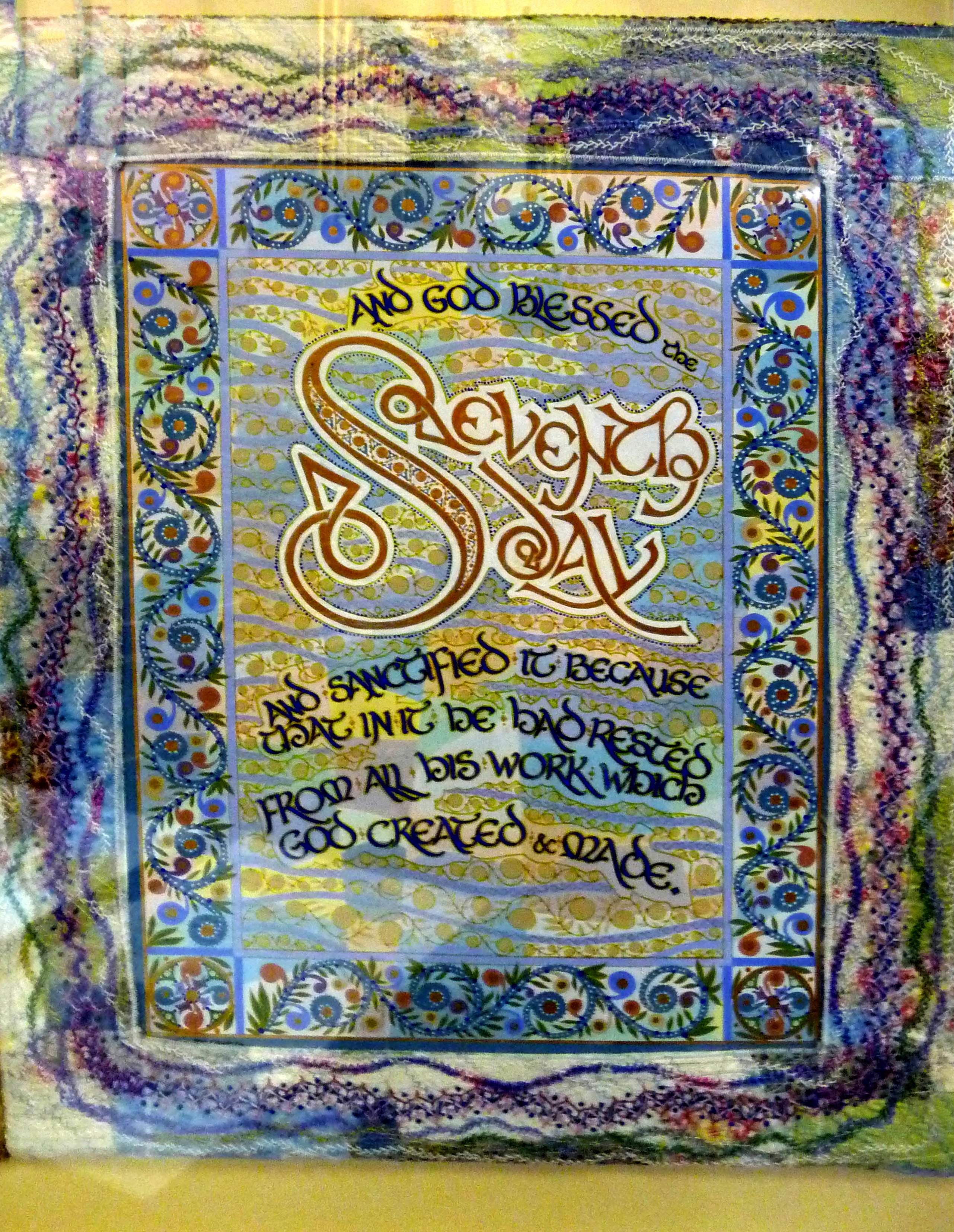 CREATION: A CELEBRATION by Sue Symonds, THE REST DAY, painting with embroidered frame