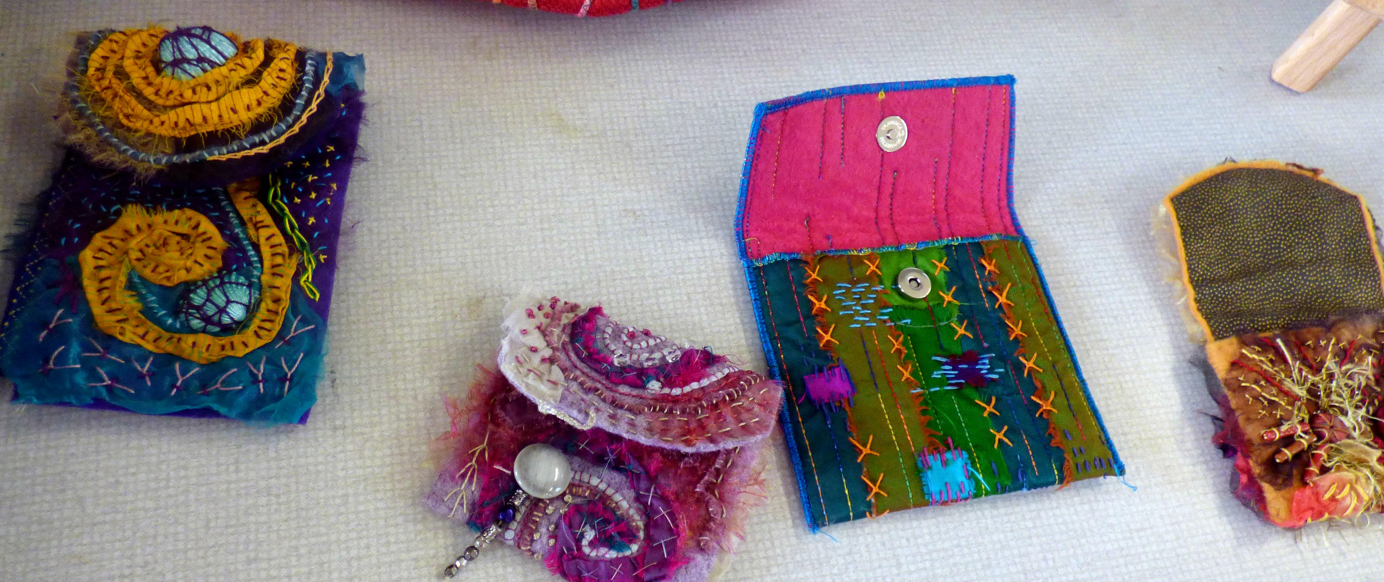 samples by Diane Moore at "Creating with Sari Silk" workshop with Diane Moore, Feb 2023