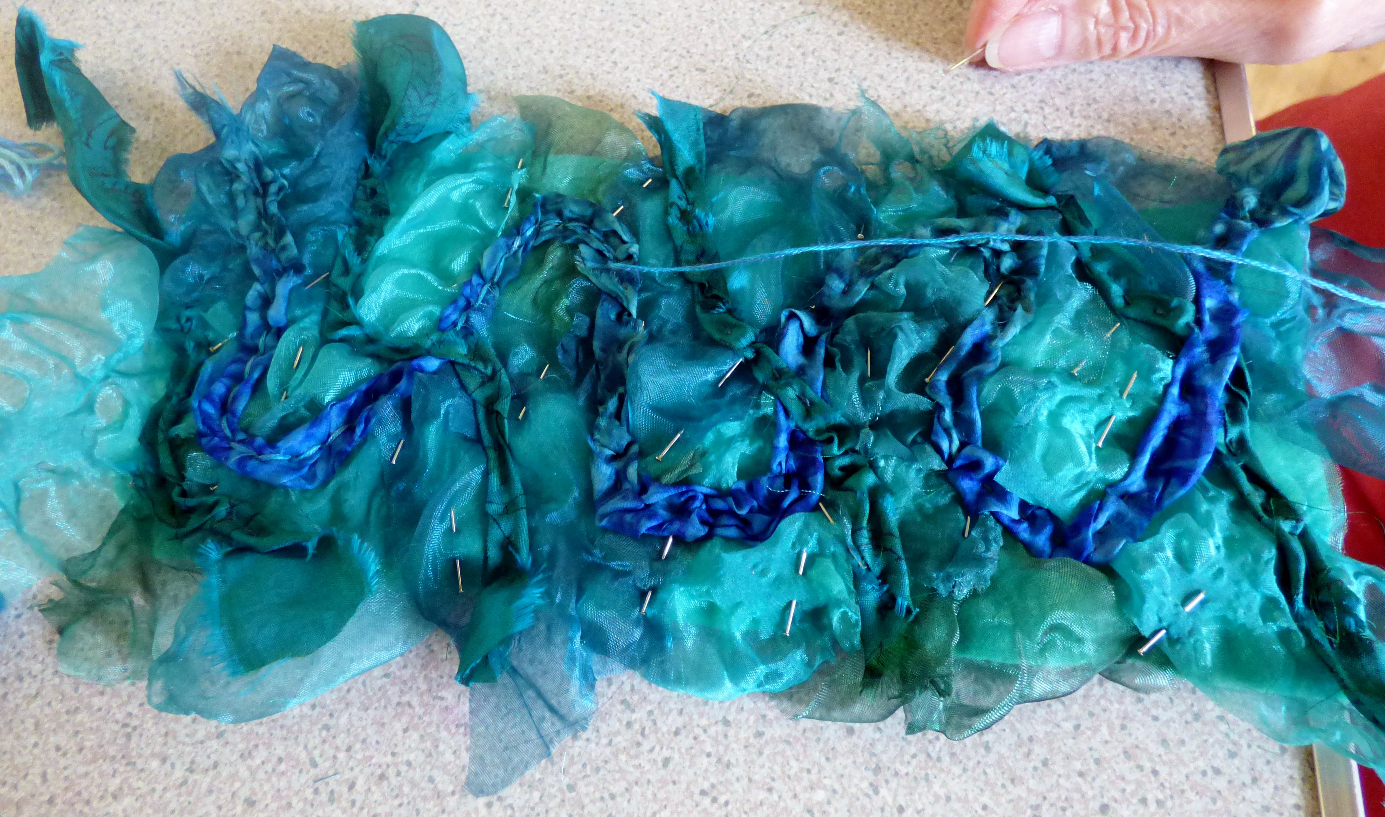 student's work in progress at "Creating with Sari Silk" workshop with Diane Moore, Feb 2023