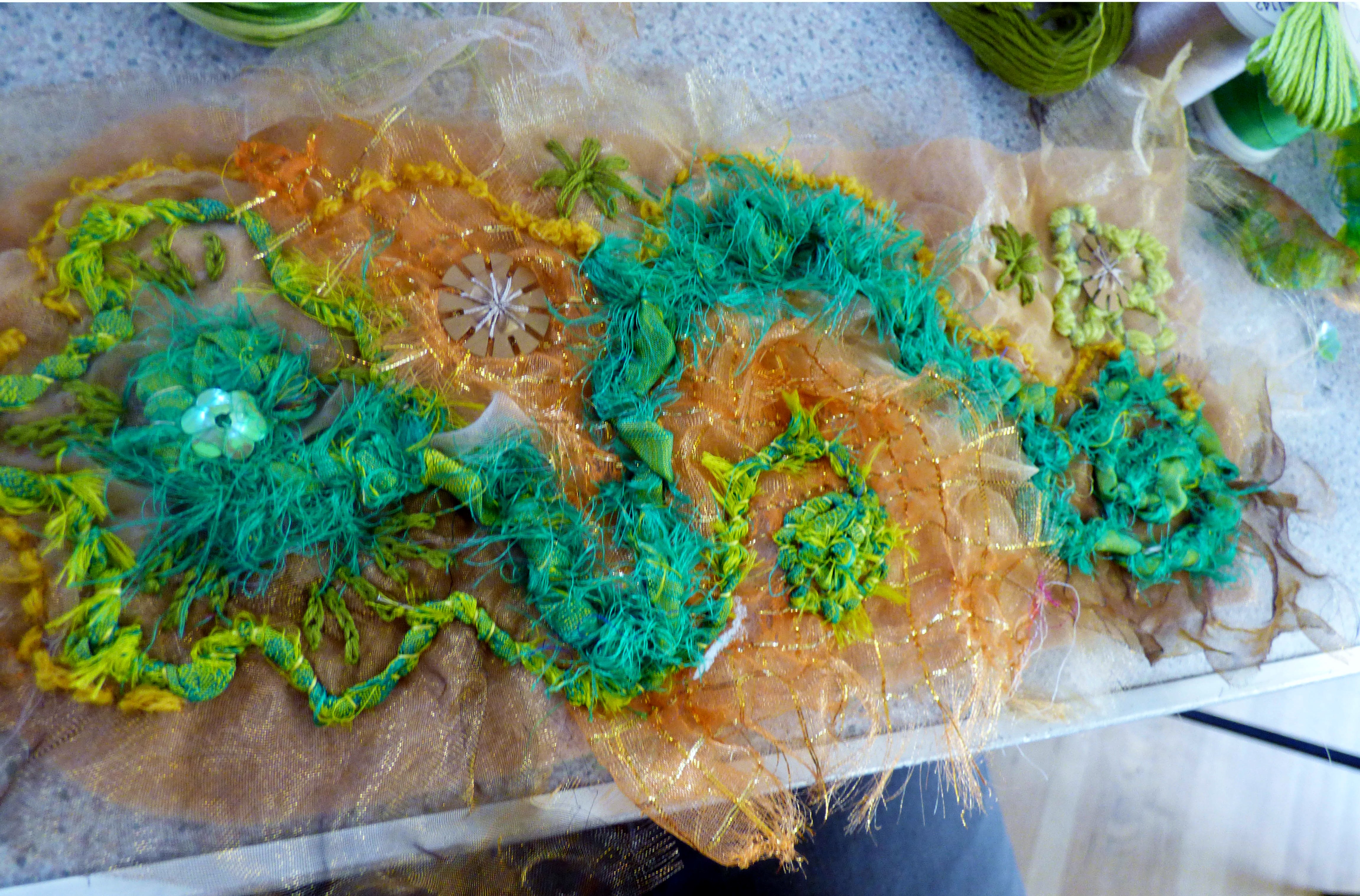 student's work in progress at "Creating with Sari Silk" workshop with Diane Moore, Feb 2023