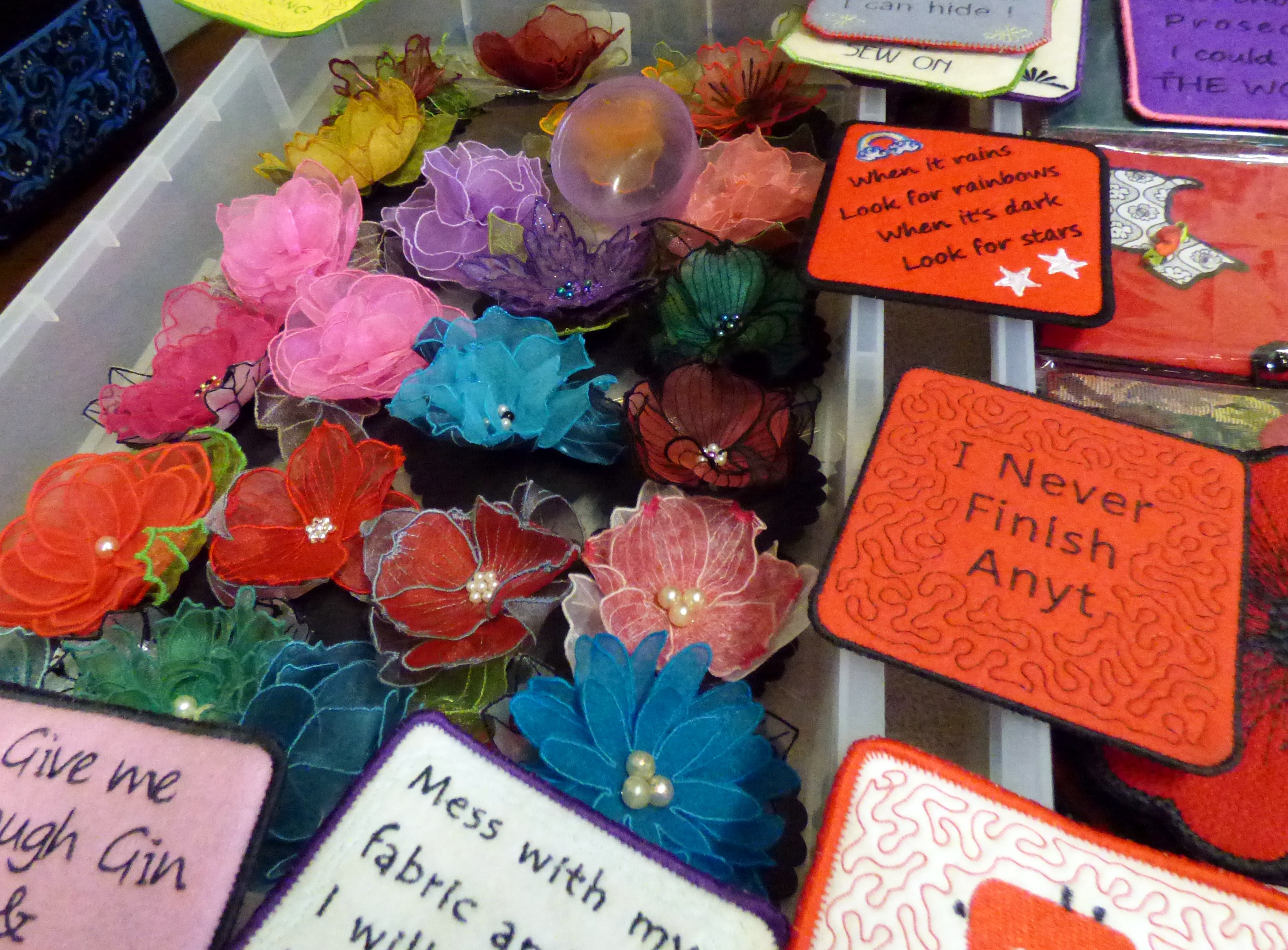 fabric flowers made by Eileen Clark, Talk by members of Cheshire Borders branch @ MEG 2019