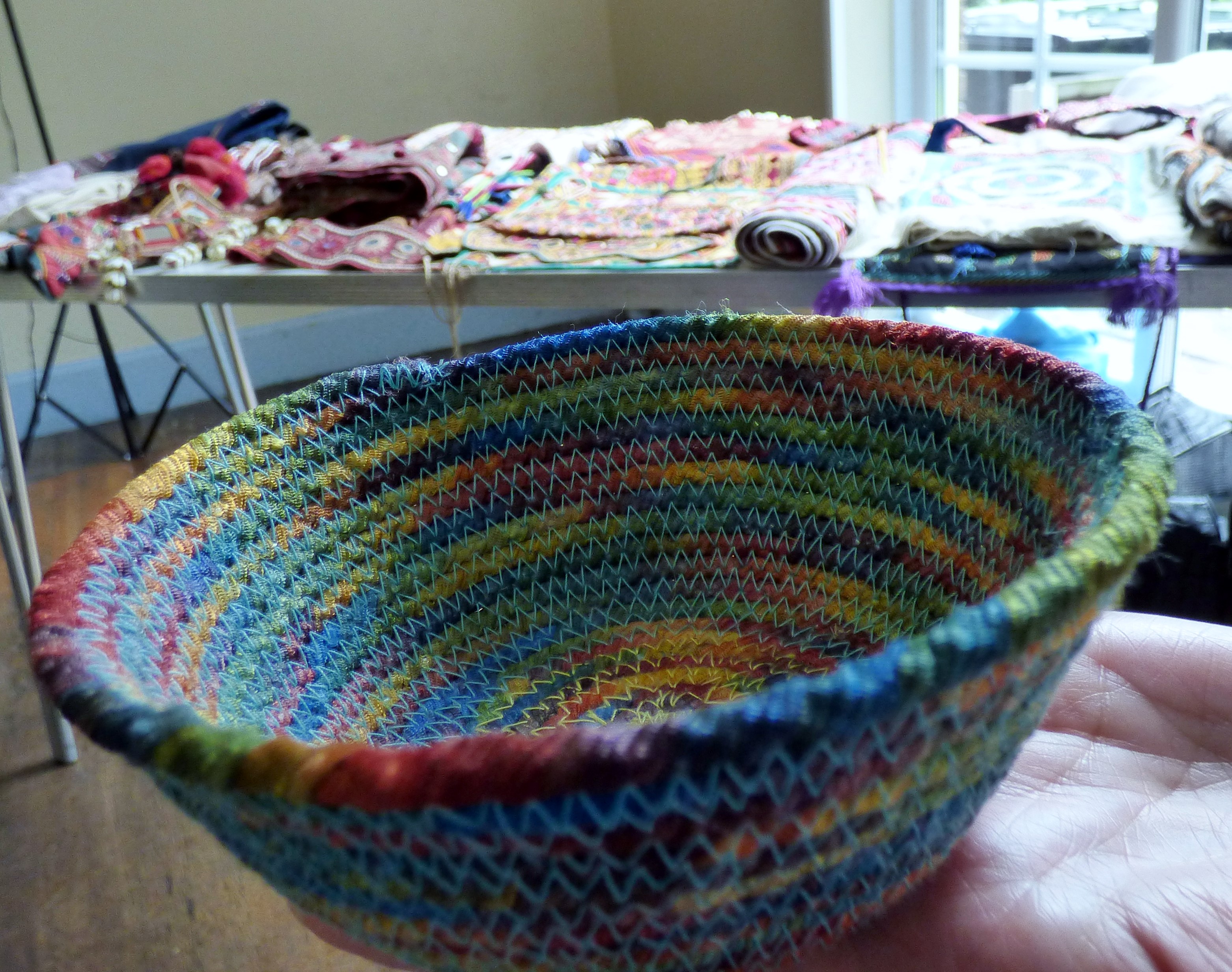 coiled container by Eileen Clark, Talk by members of Cheshire Borders branch @ MEG 2019