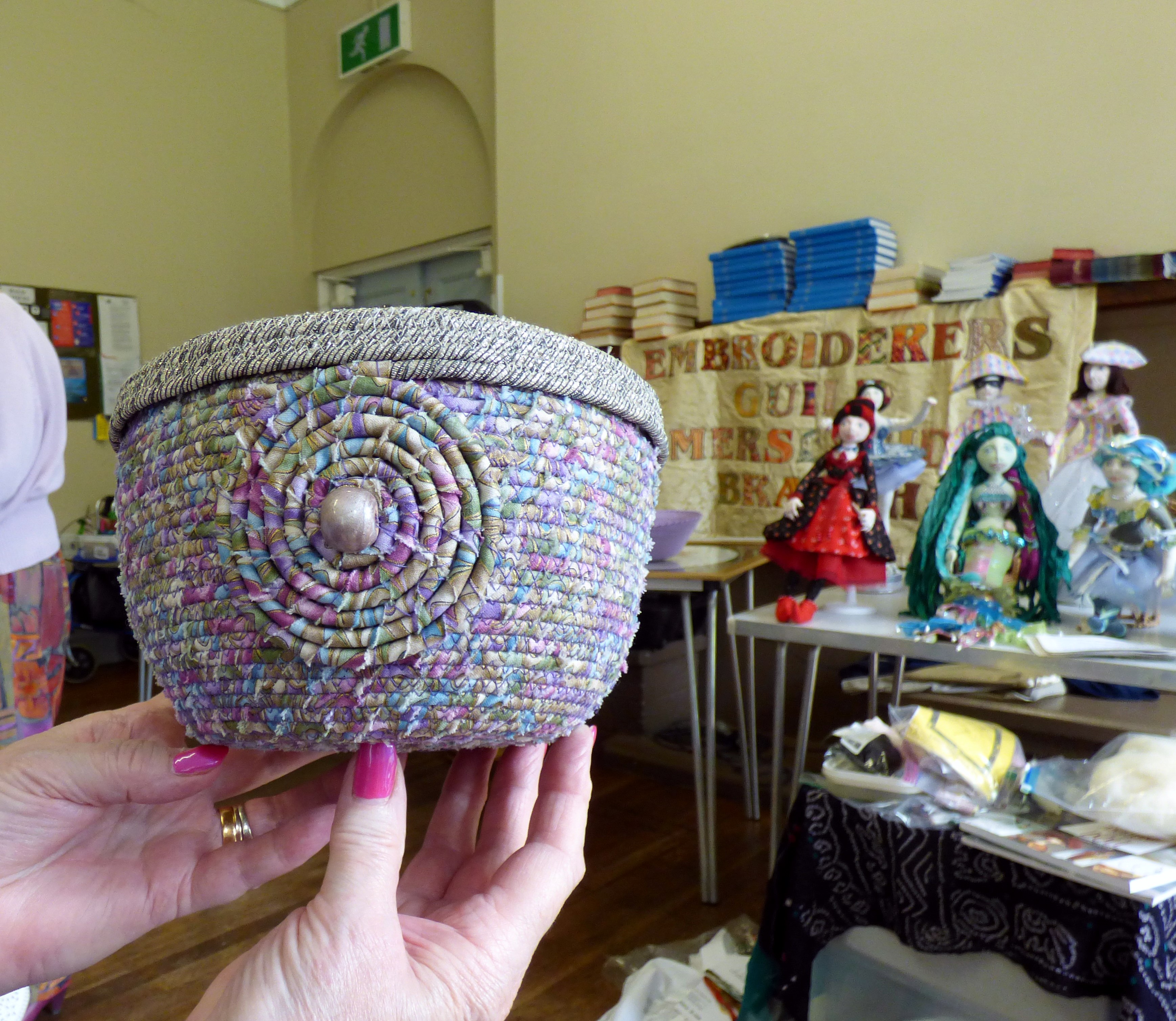 coiled container by Eileen Clark, Talk by members of Cheshire Borders branch @ MEG 2019