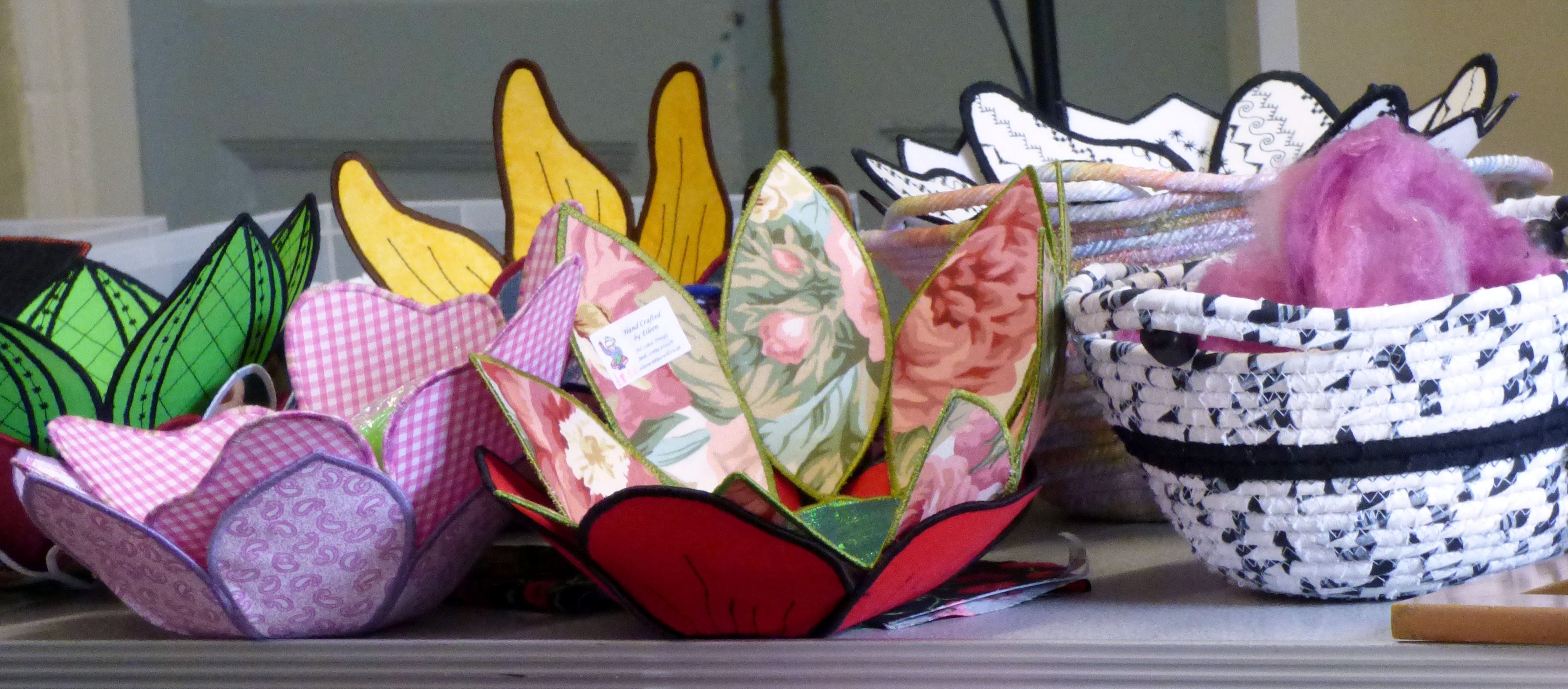 fabric bowls by Eileen Clark, Talk by members of Cheshire Borders branch @ MEG 2019