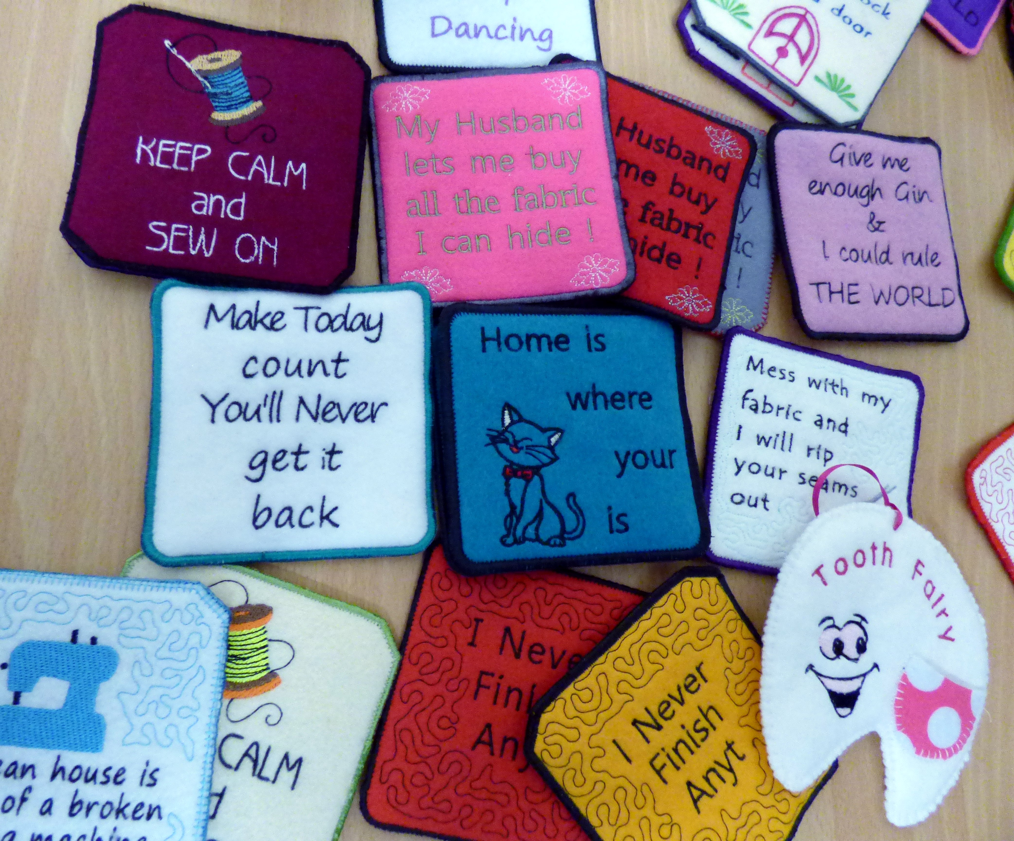 machine embroidered coasters  made by Eileen Clark, Talk by members of Cheshire Borders branch @ MEG 2019