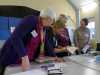 Elizabeth Almond demonstrating blackwork techniques at Blackwork with Elizabeth Almond at Merseyside EG, Nov 2017