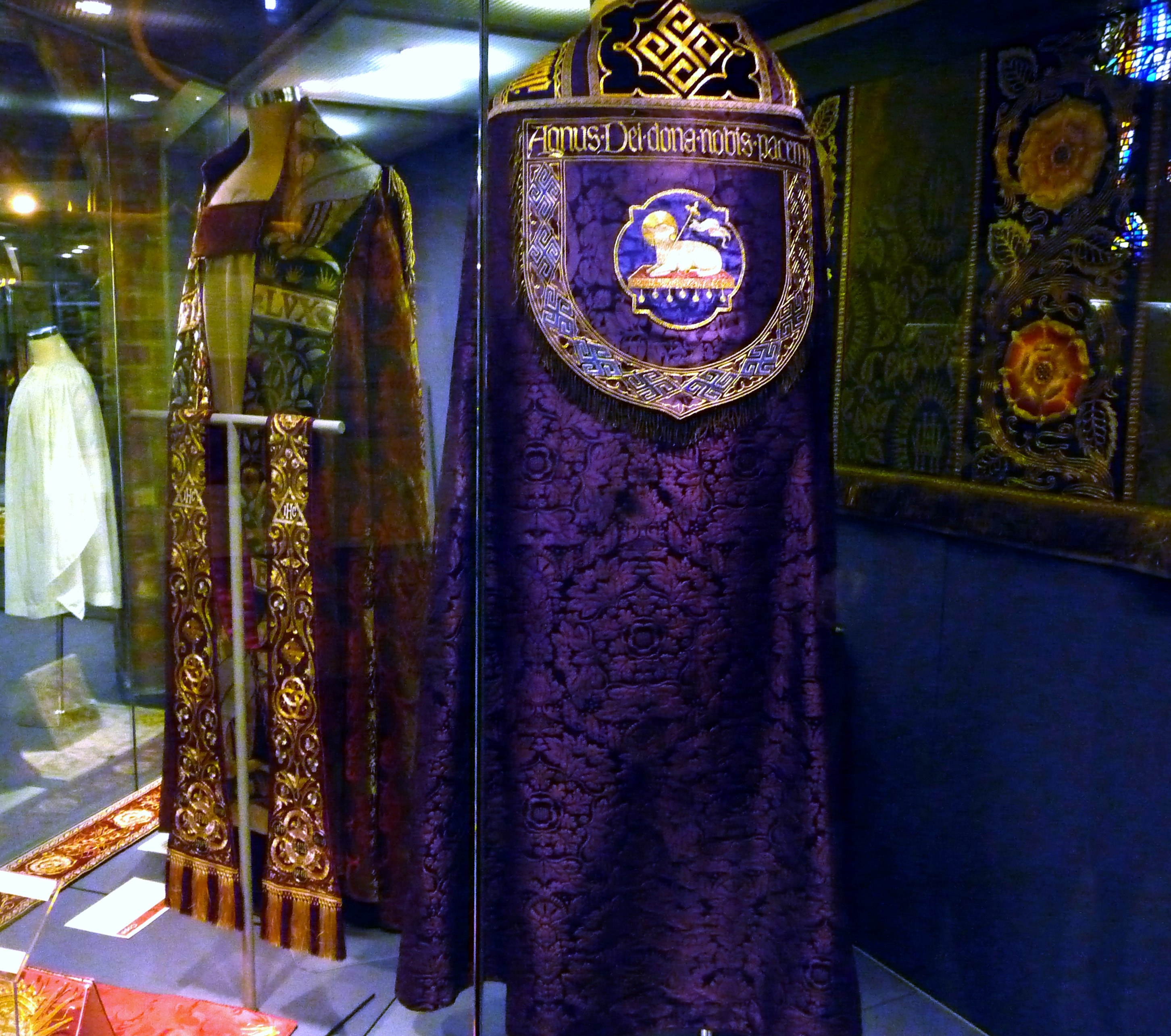 embroidered Copes on display in Elizabeth Hoare Gallery, Liverpool Cathedral