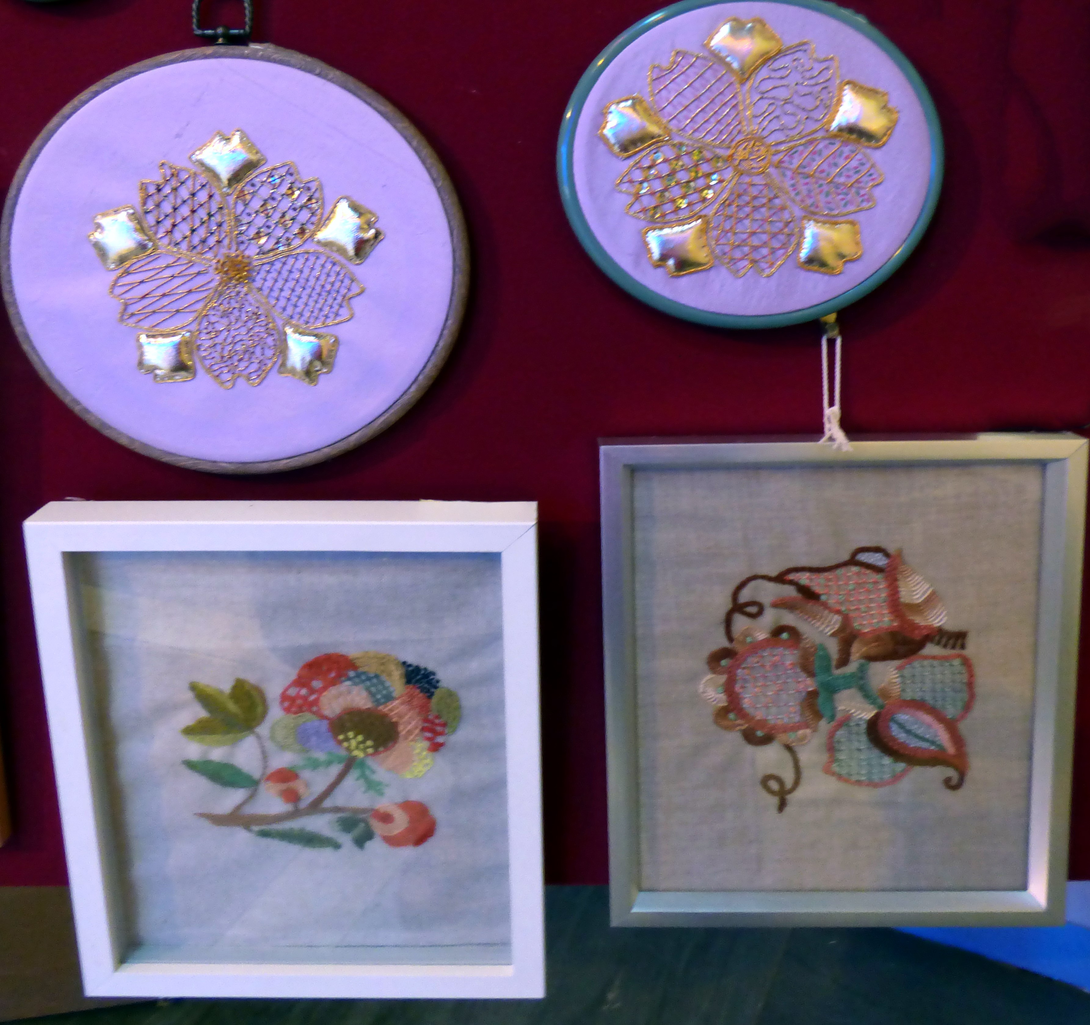 GOLDWORK by A.Kefford, GOLDWORK by J.Felgate, CREWELWORK by V.williams and HAND EMBROIDERY by A.Kefford, at Embroidery for Pleasure exhibition, Liverpool Metropolitan Cathedral 2016